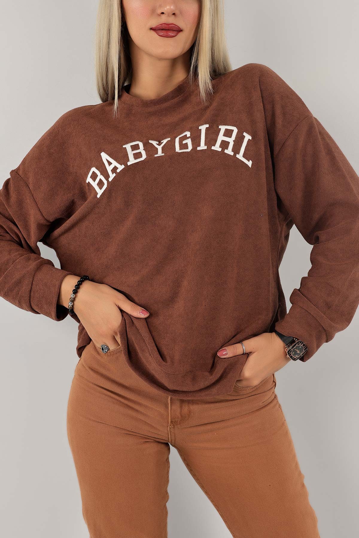 Kahverengi Nakışlı Havlu Kumaş Sweat 132395