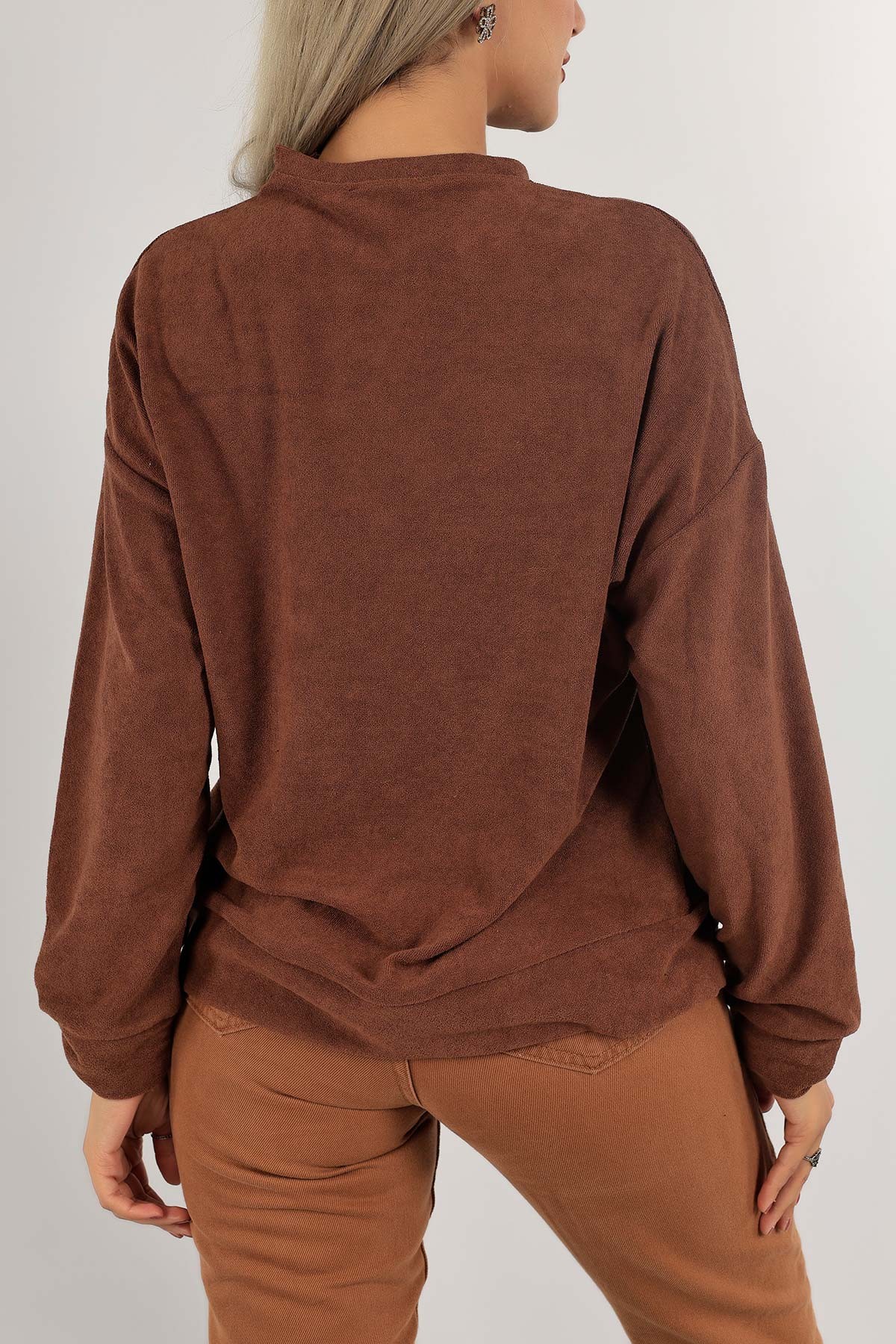 Kahverengi Nakışlı Havlu Kumaş Sweat 132395