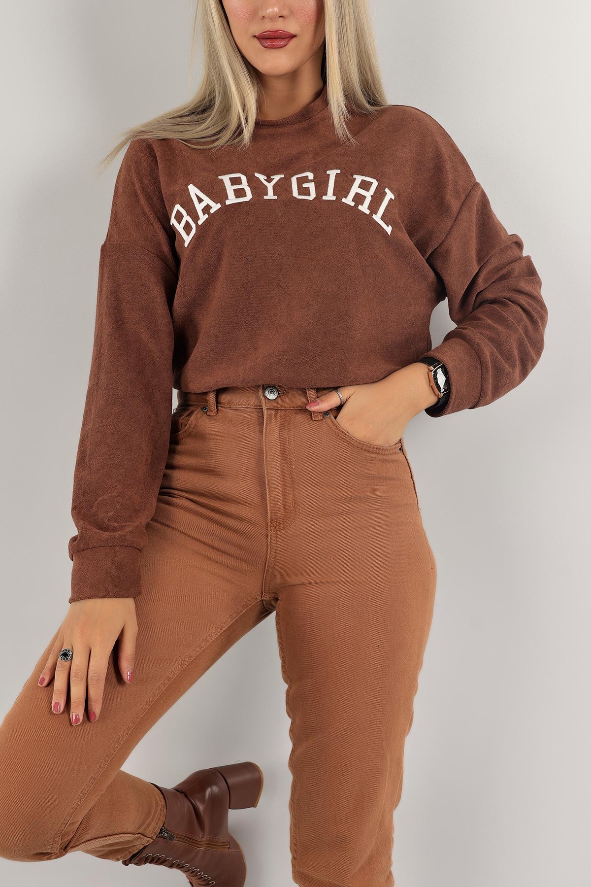 Kahverengi Nakışlı Havlu Kumaş Sweat 132395
