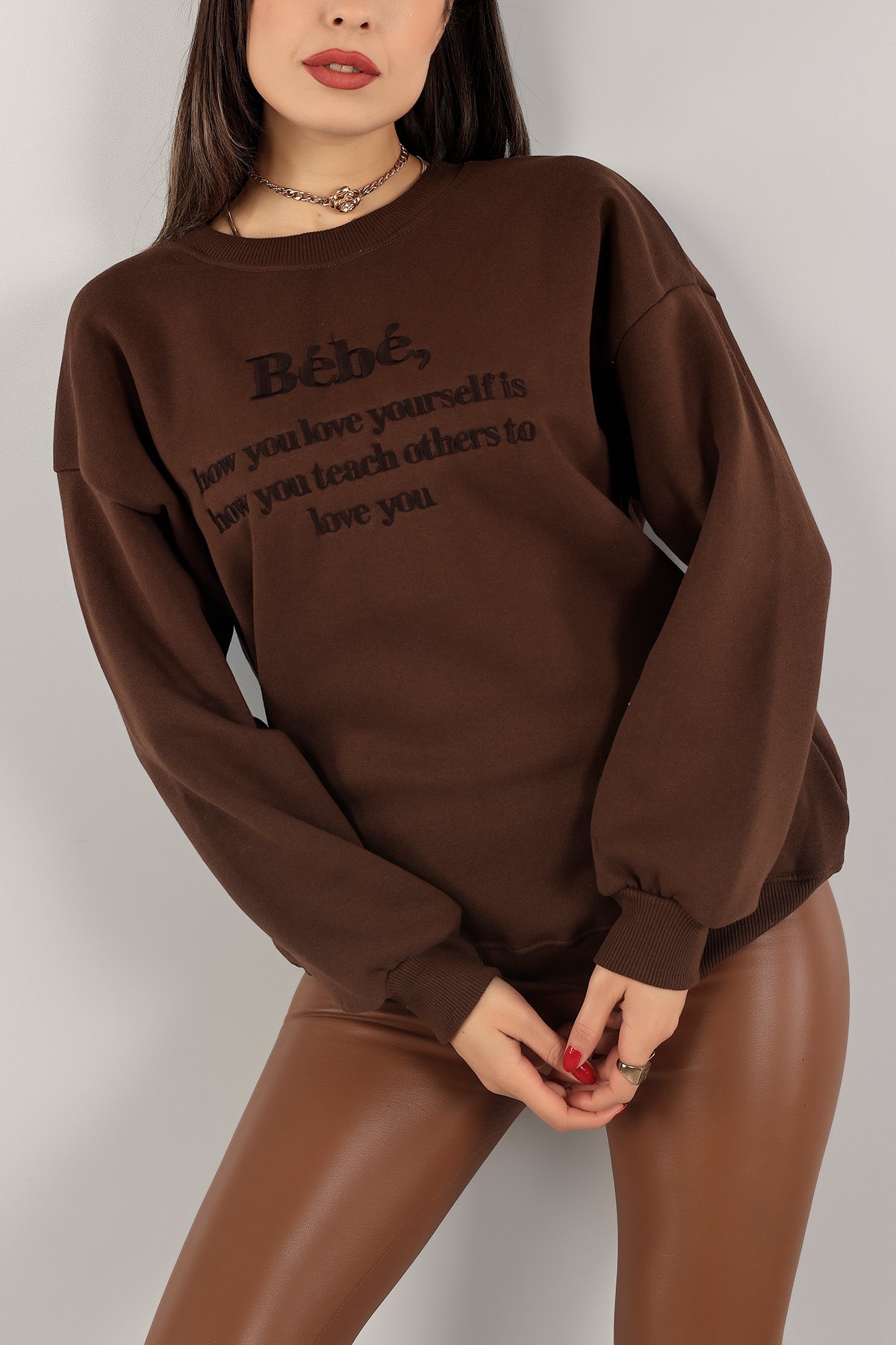 Kahverengi Nakışlı İçi Şardonlu Bayan Sweat 139394