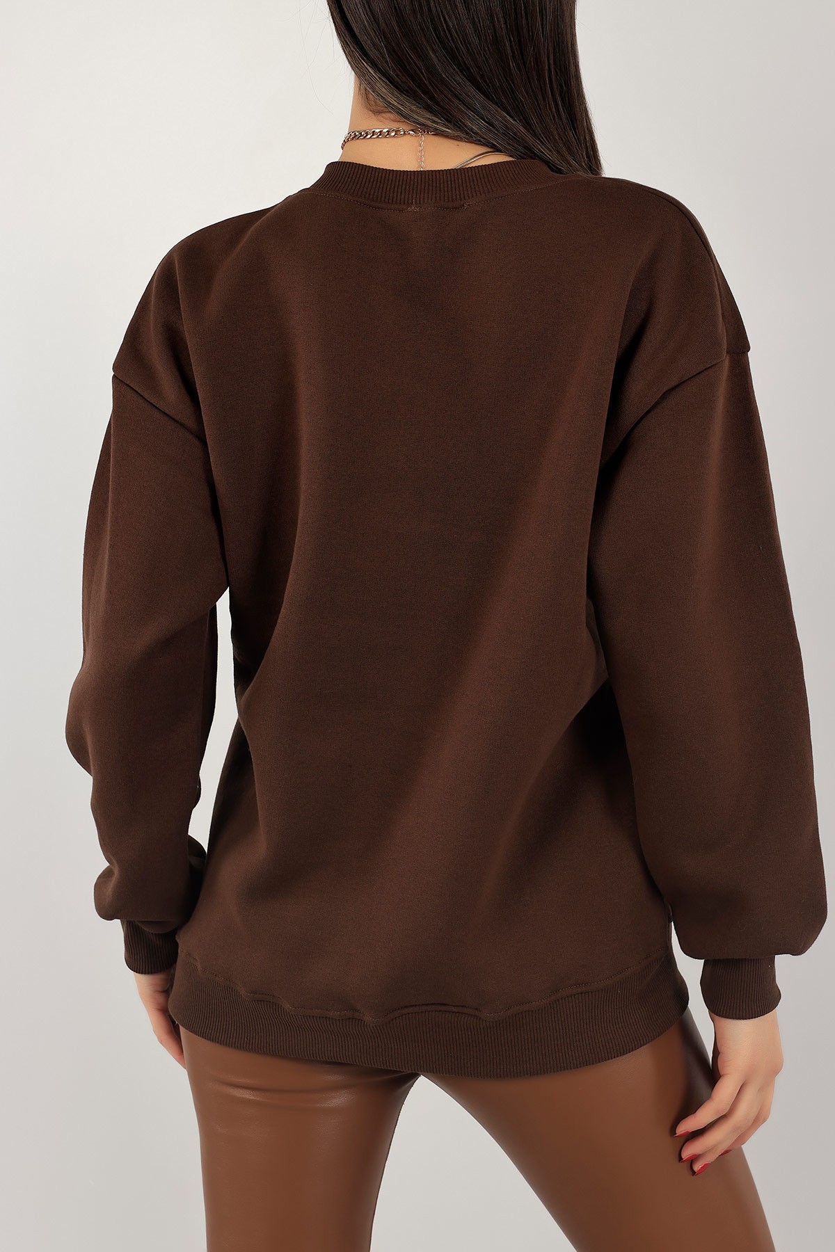 Kahverengi Nakışlı İçi Şardonlu Bayan Sweat 139394