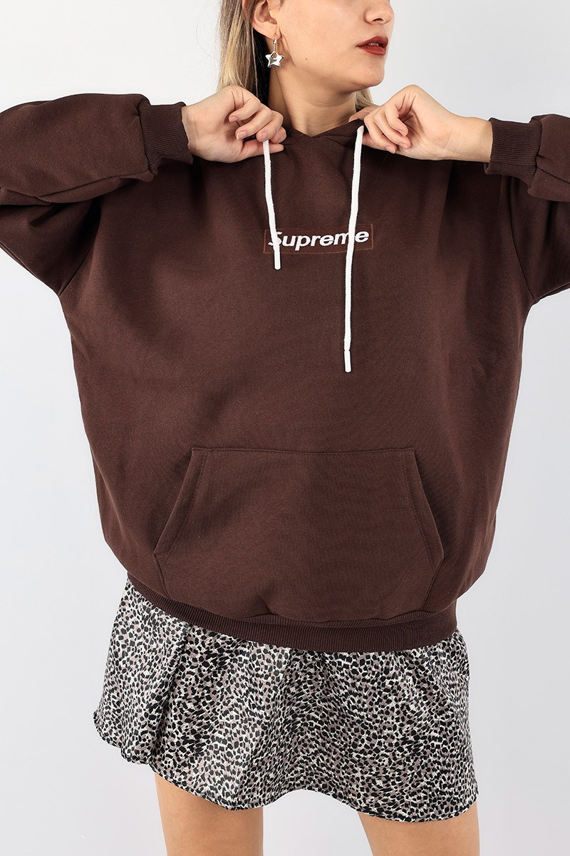 Kahverengi Nakışlı İçi Şardonlu Sweat 93096