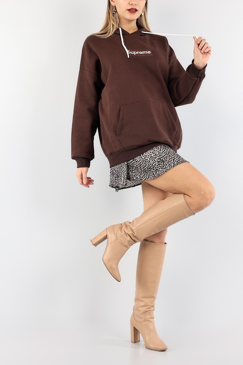 Kahverengi Nakışlı İçi Şardonlu Sweat 93096