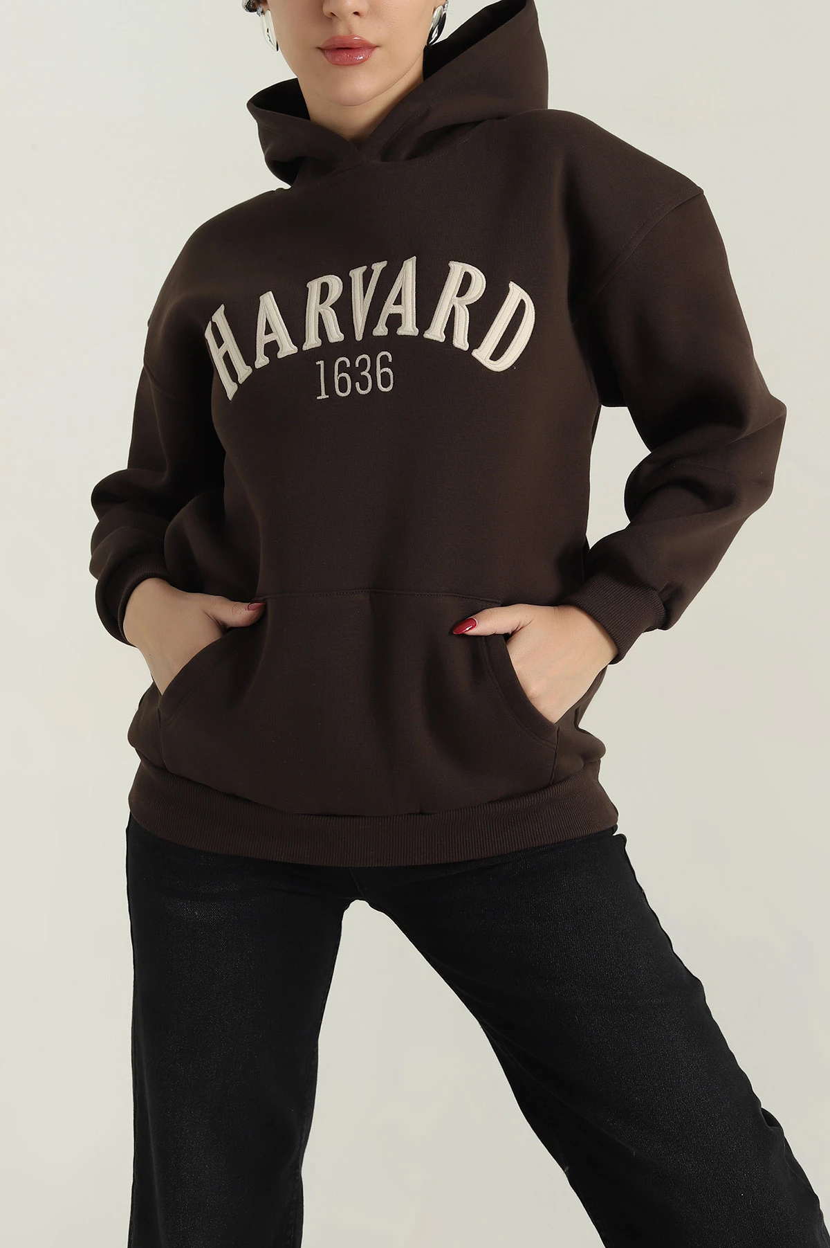 Kahverengi Nakışlı Kapşonlu Şardonlu Üç İp Kadın Sweat 417965
