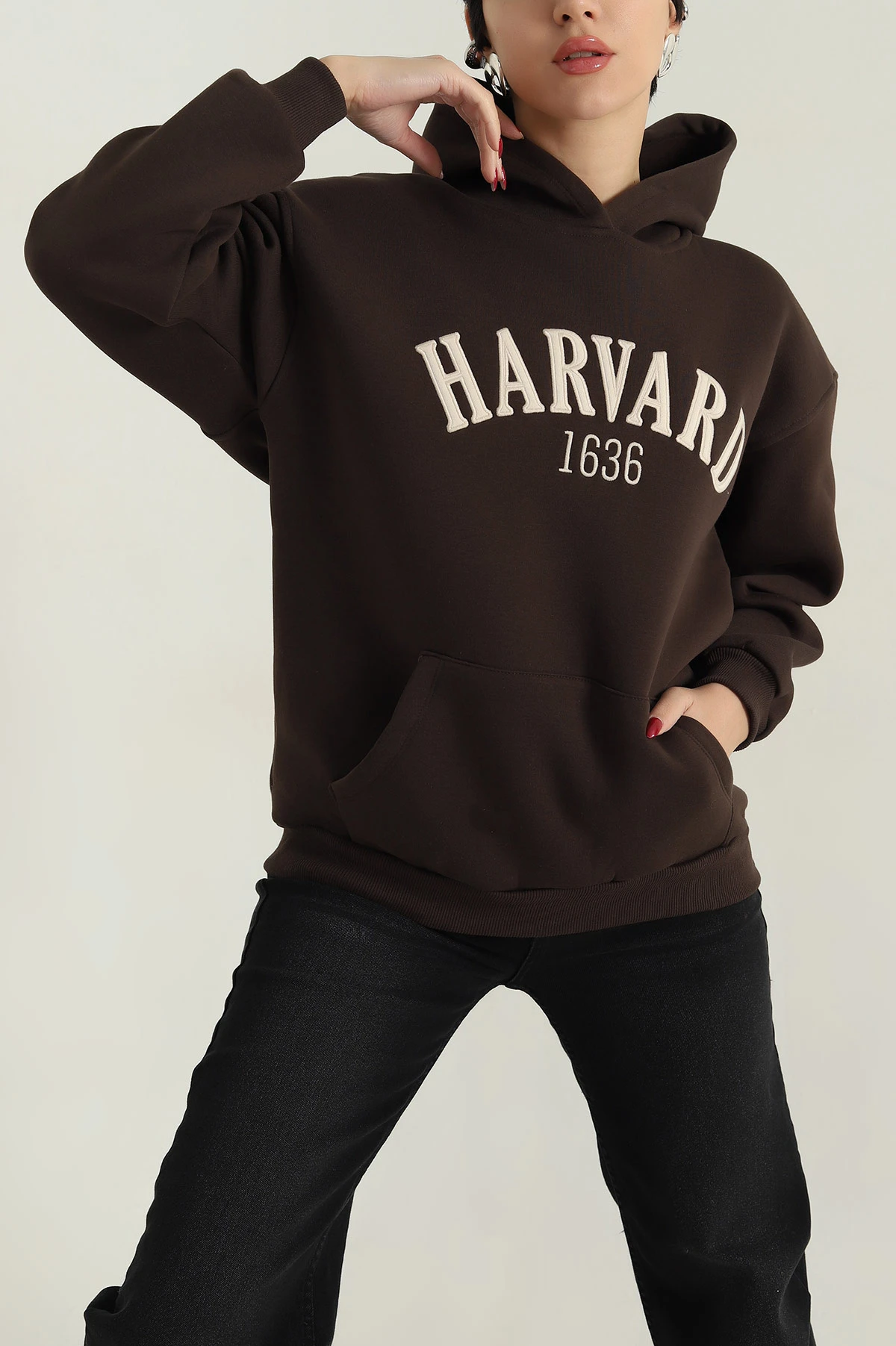 Kahverengi Nakışlı Kapşonlu Şardonlu Üç İp Kadın Sweat 417965