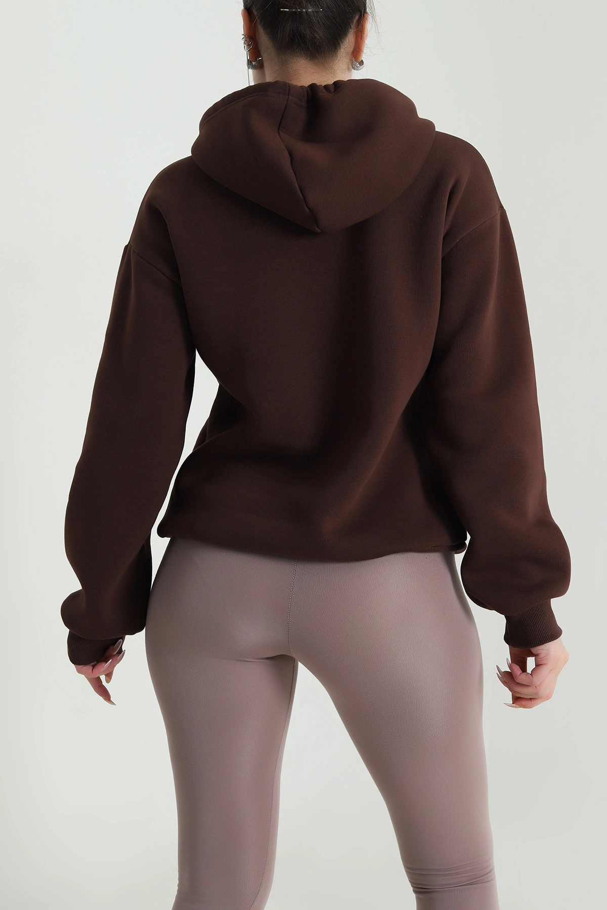 Kahverengi Nakışlı Kapşonlu Üç İp Kadın Sweat 492604