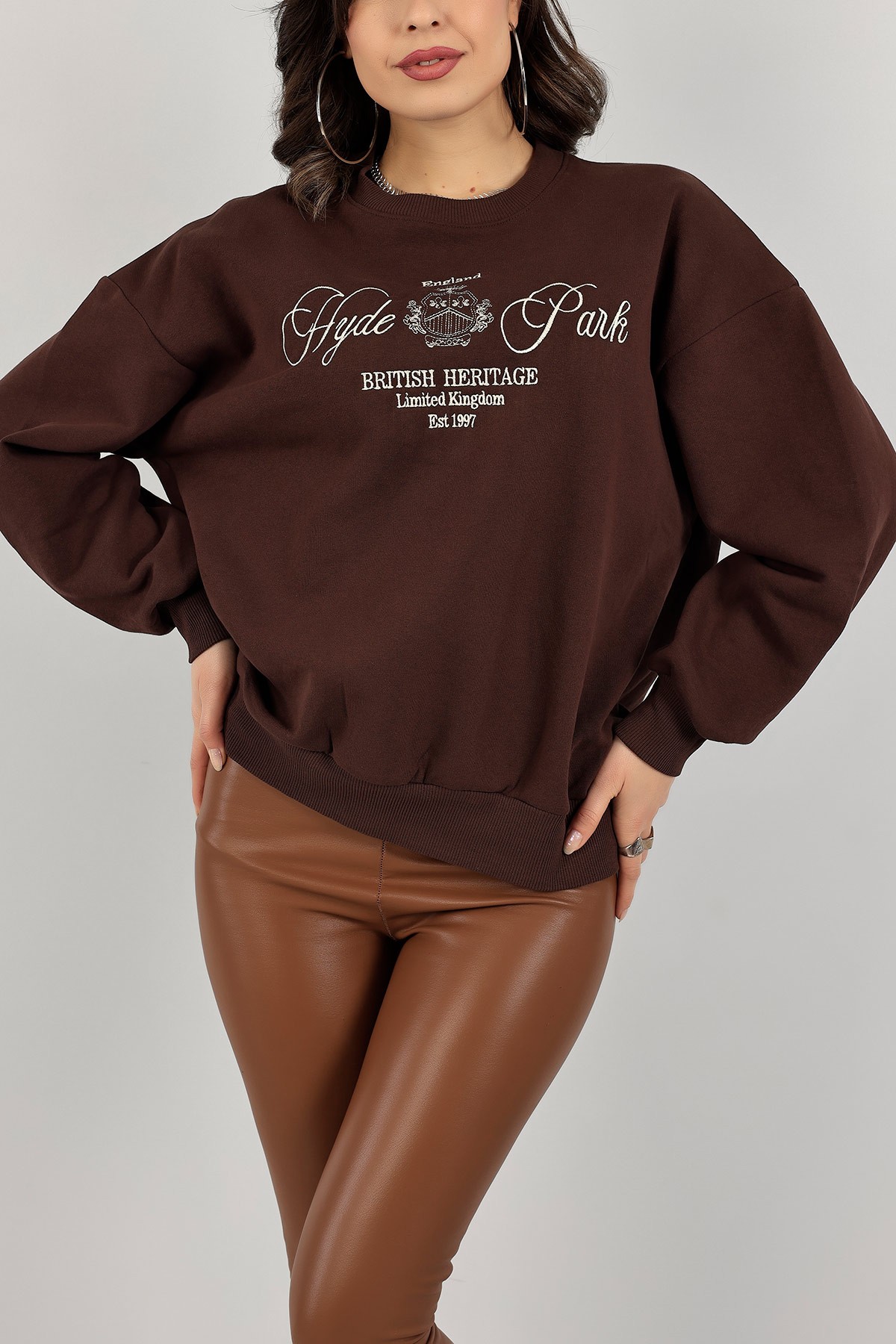 Kahverengi Nakışlı Şardonlu Bayan Sweat 142477