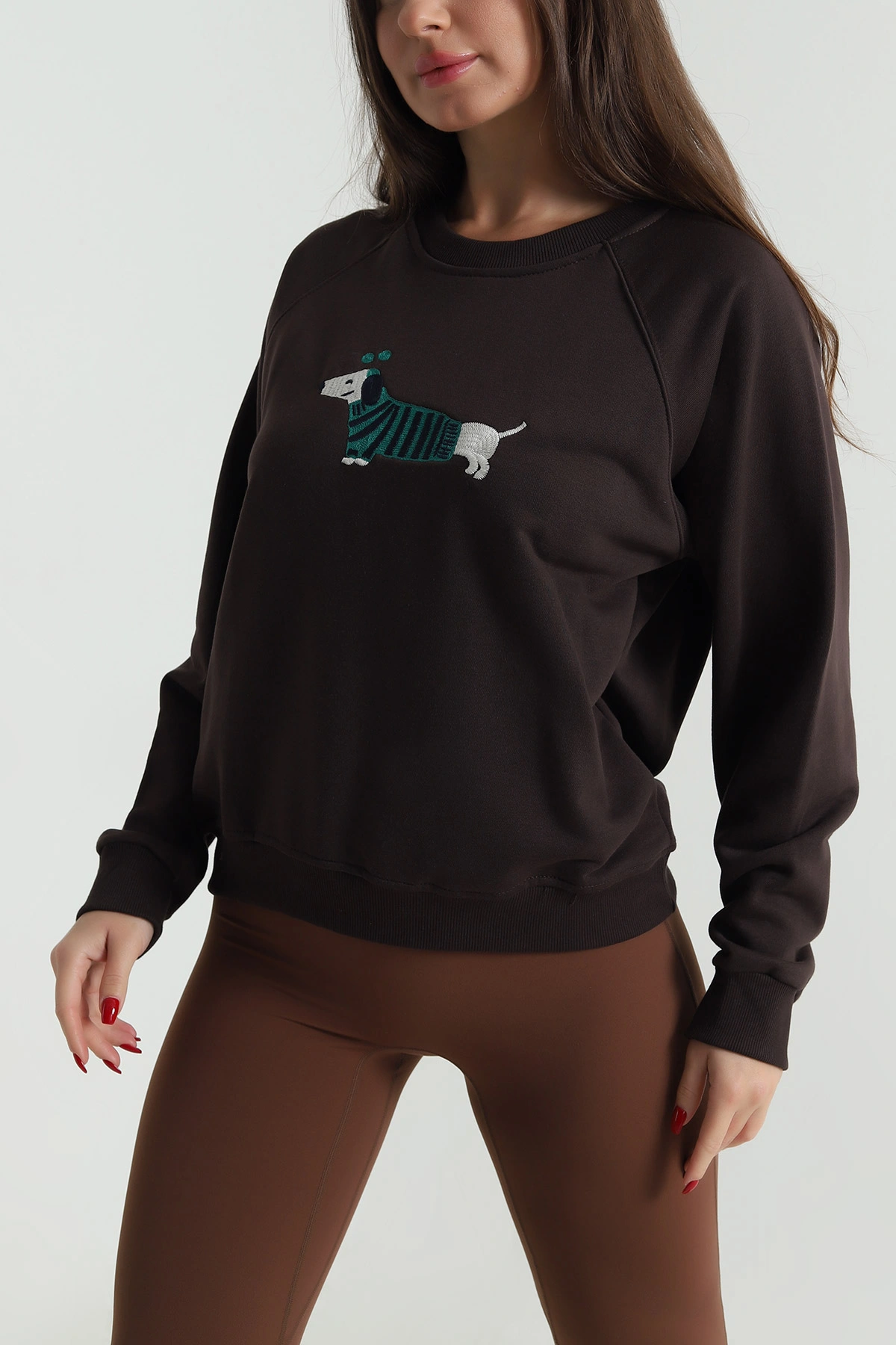 Kahverengi Nakışlı Üç İp Kadın Sweat 492595