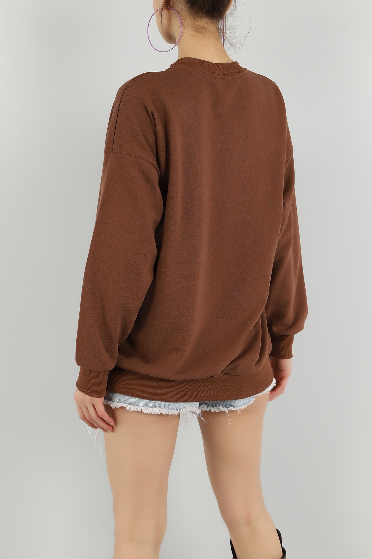 Kahverengi Nakışlı Üç İp Sweat 149656