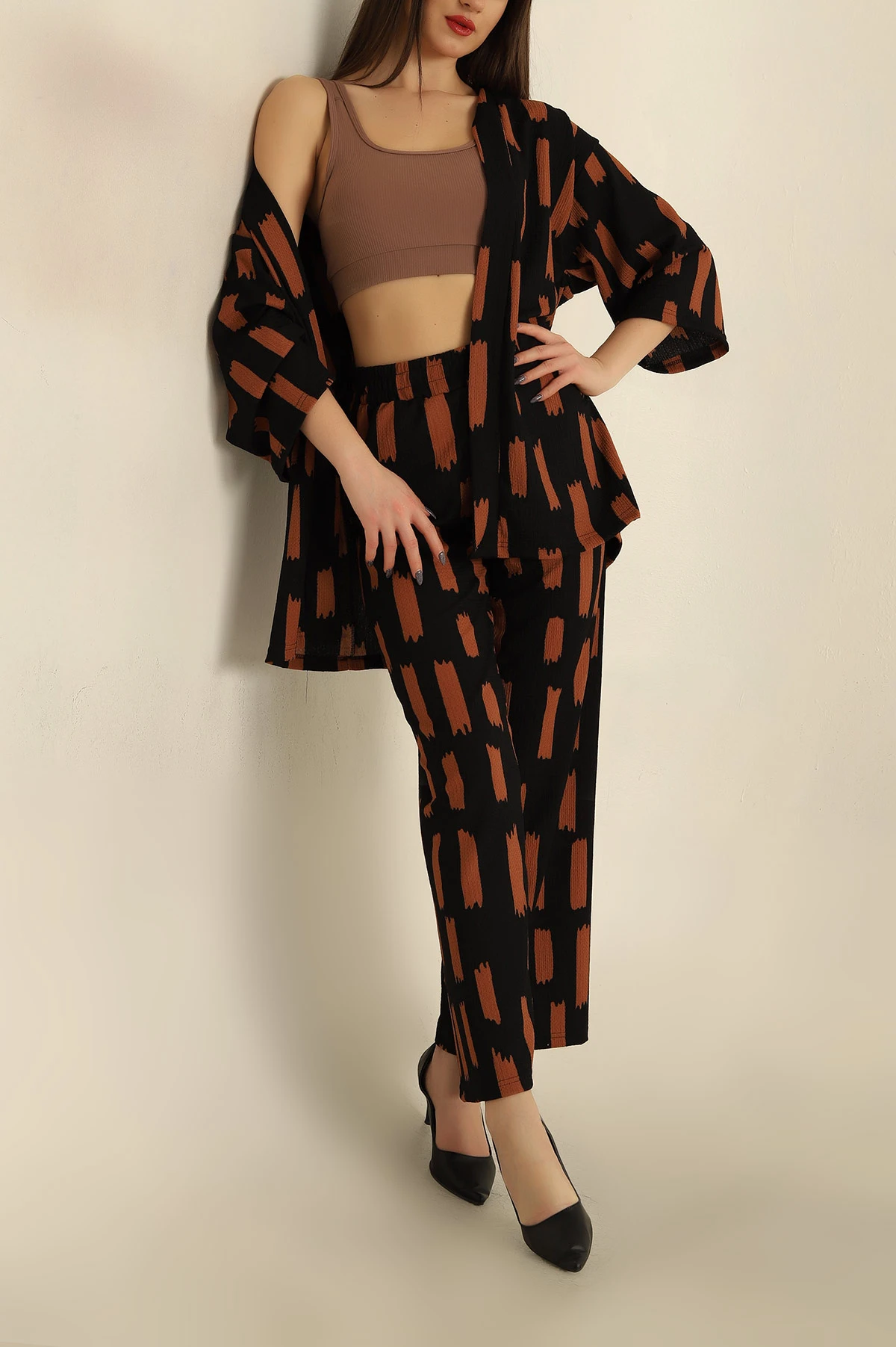 Kahverengi Okyanus Kumaş Kimono Pantolon Takım 257300