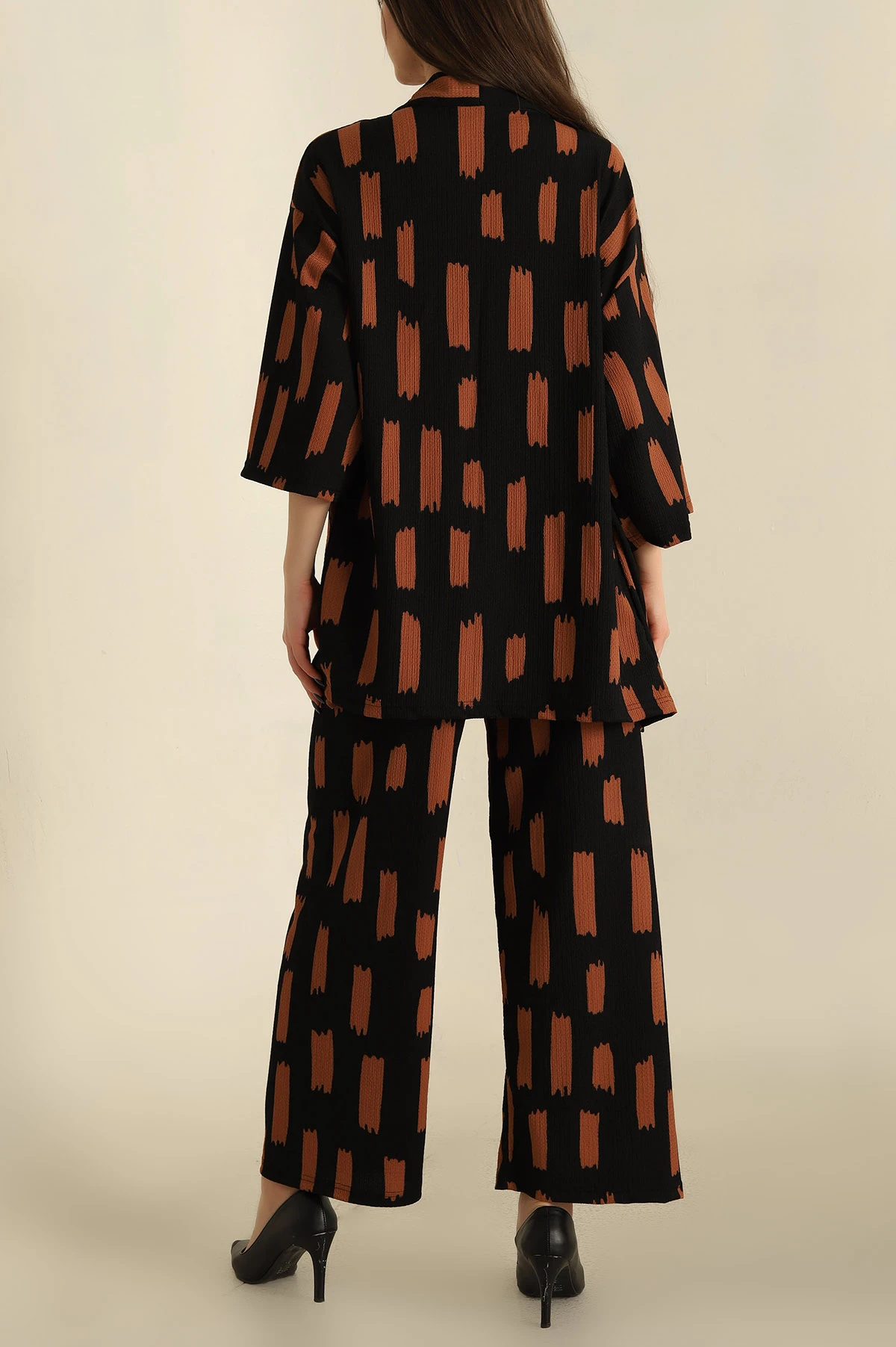 Kahverengi Okyanus Kumaş Kimono Pantolon Takım 257300