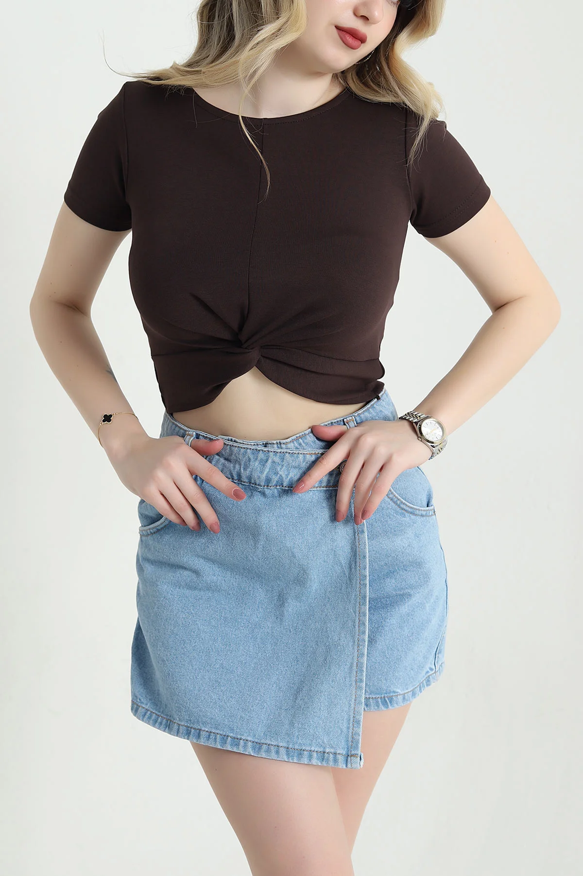 Kahverengi Önü Büzgülü Oysho Kadın Crop 458096