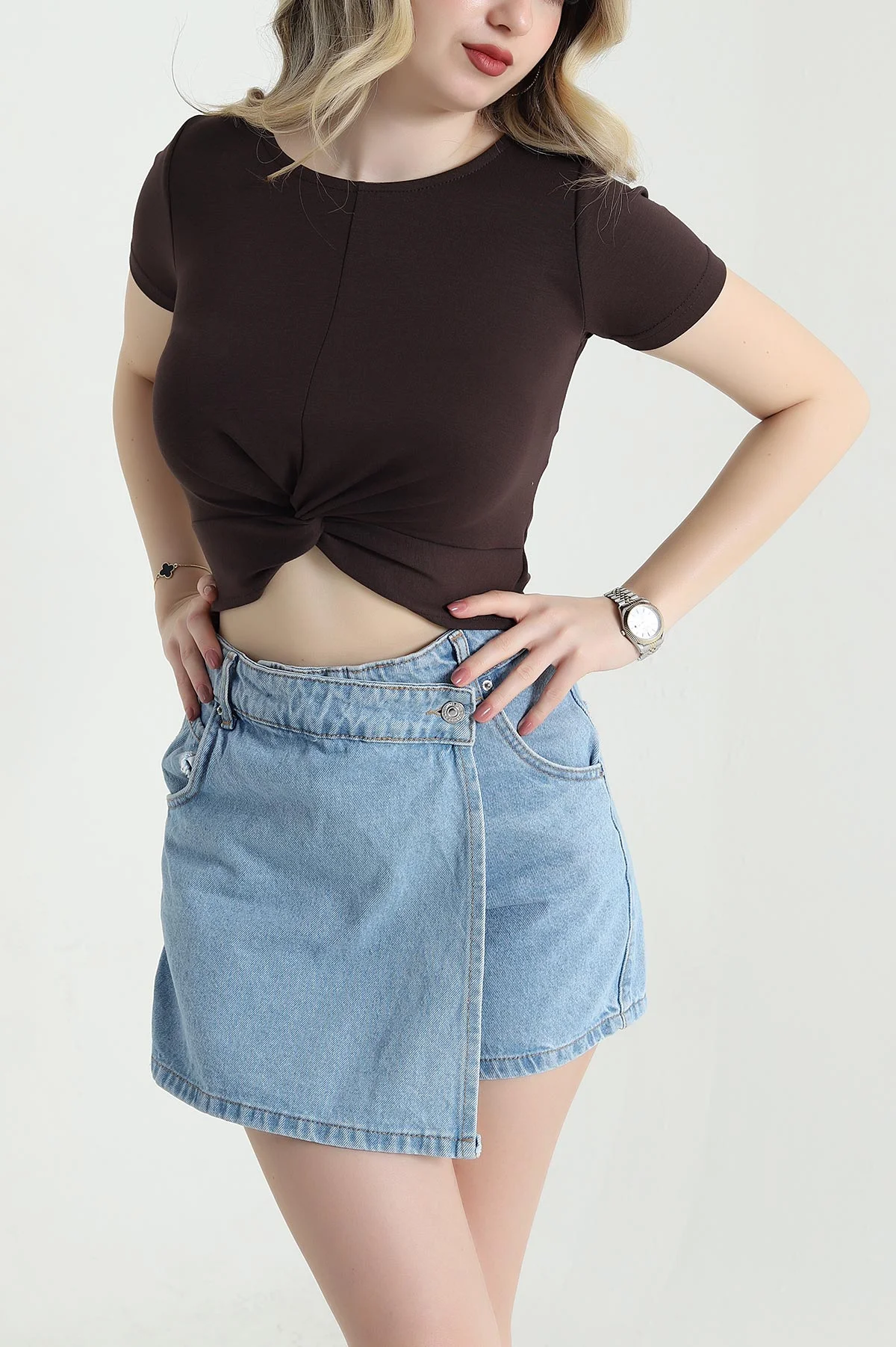 Kahverengi Önü Büzgülü Oysho Kadın Crop 458096