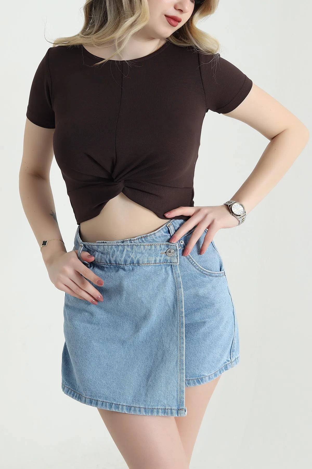 Kahverengi Önü Büzgülü Oysho Kadın Crop 458096