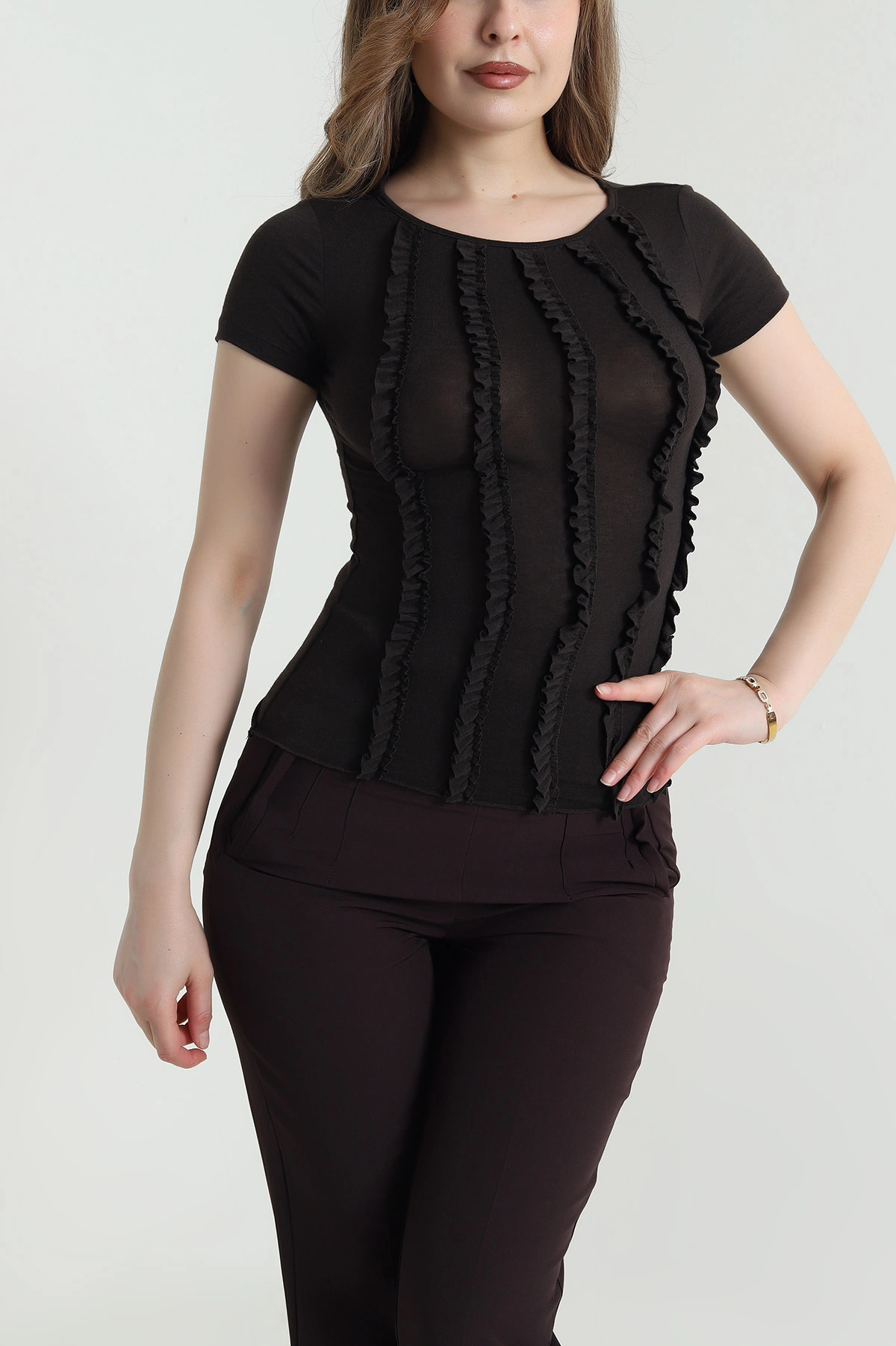 Kahverengi Önü Fırfırlı Buzzy Kadın Bluz 463171