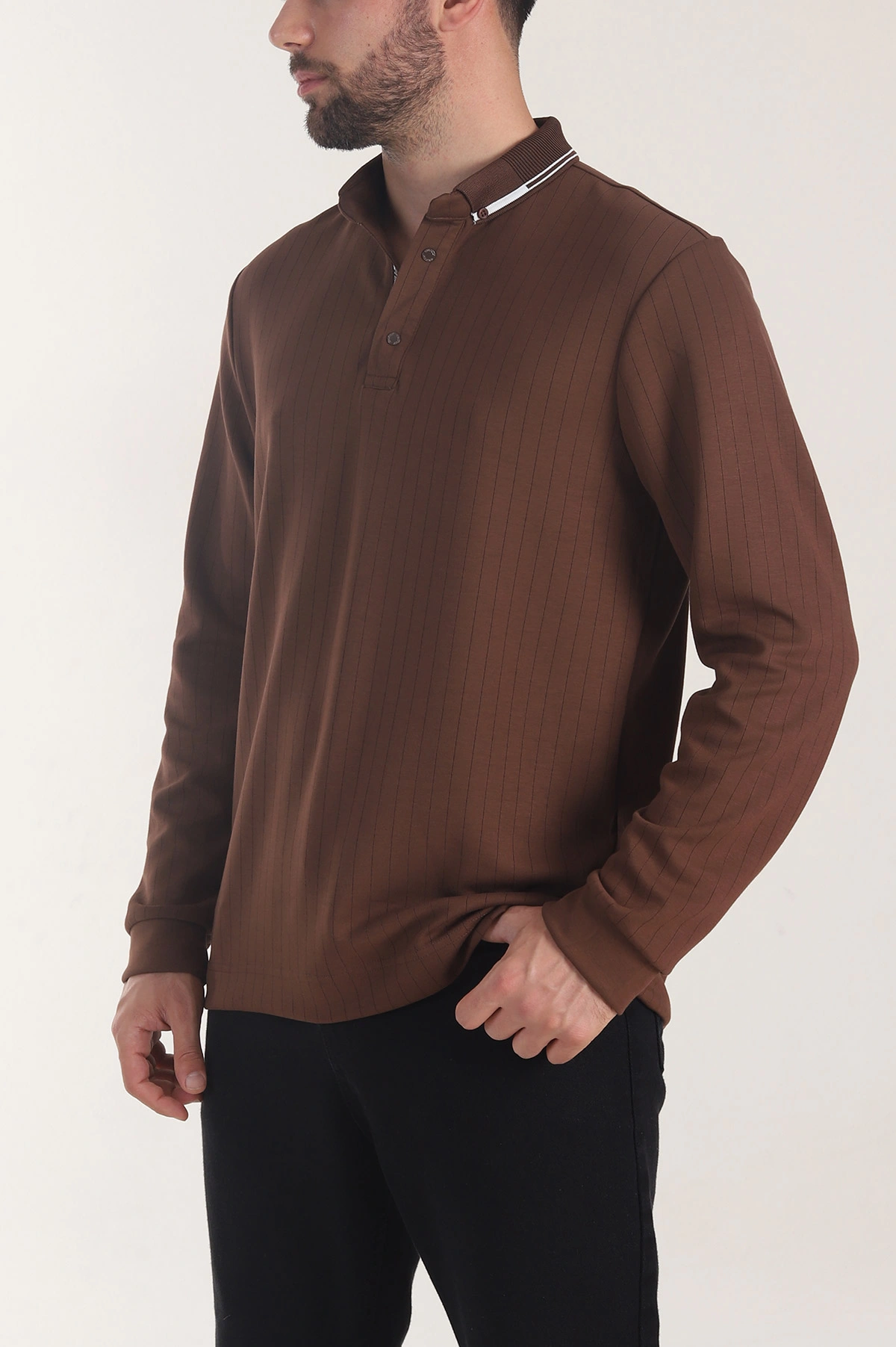 Kahverengi Osyho Kumaş Çizgili Polo Yaka Erkek Sweatshirt 406060