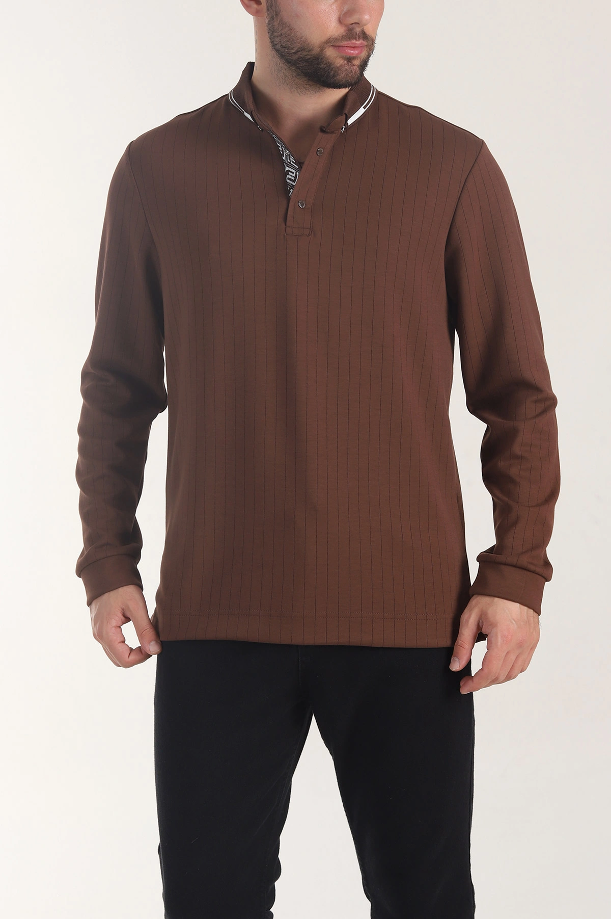 Kahverengi Osyho Kumaş Çizgili Polo Yaka Erkek Sweatshirt 406060