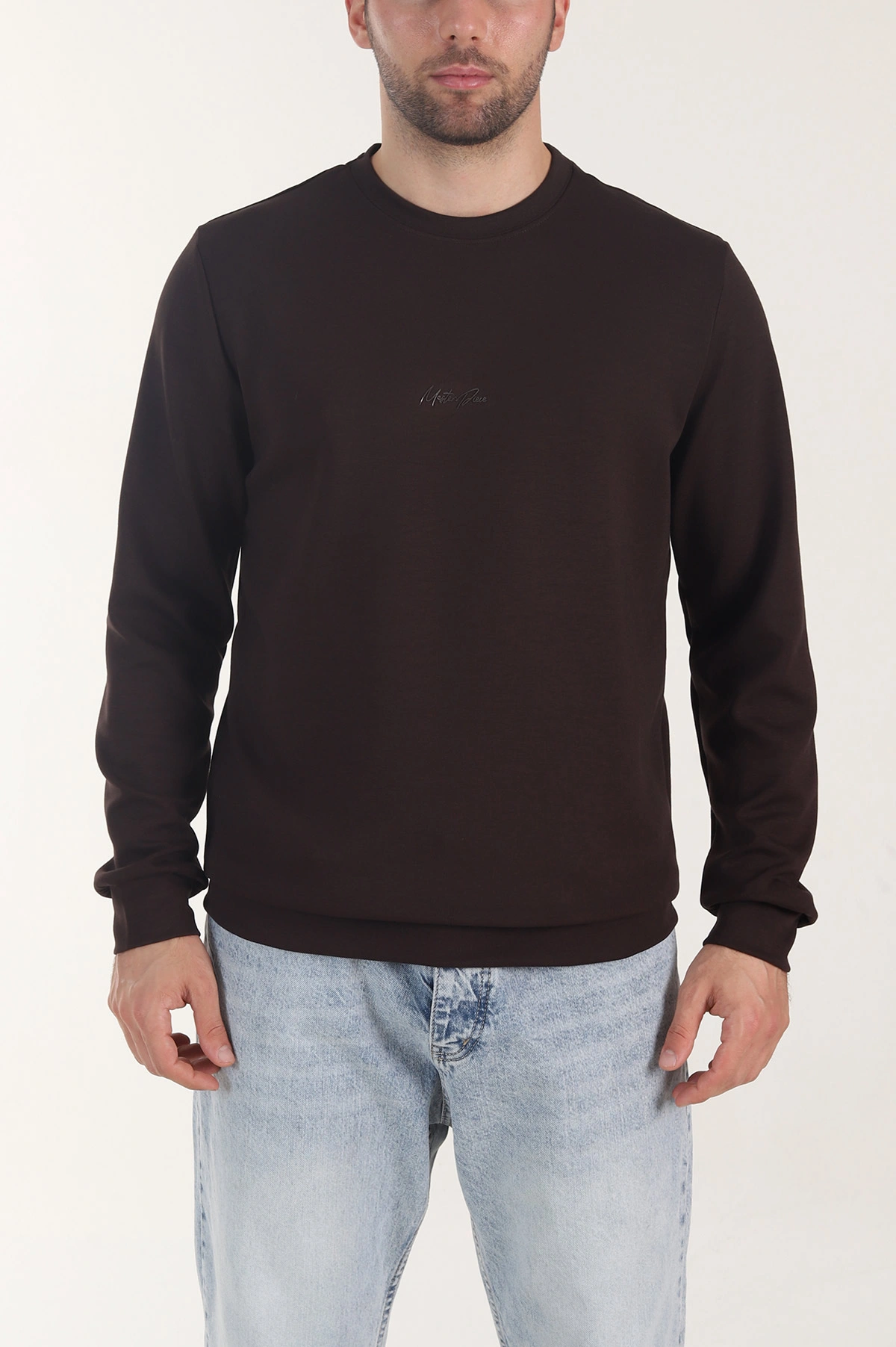 Kahverengi Osyho Kumaş Yazı Detaylı Bisiklet Yaka Erkek Sweatshirt 407343