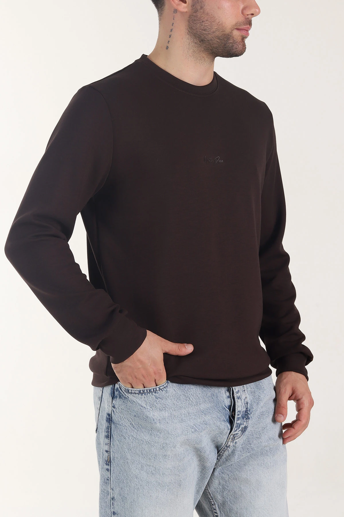 Kahverengi Osyho Kumaş Yazı Detaylı Bisiklet Yaka Erkek Sweatshirt 407343