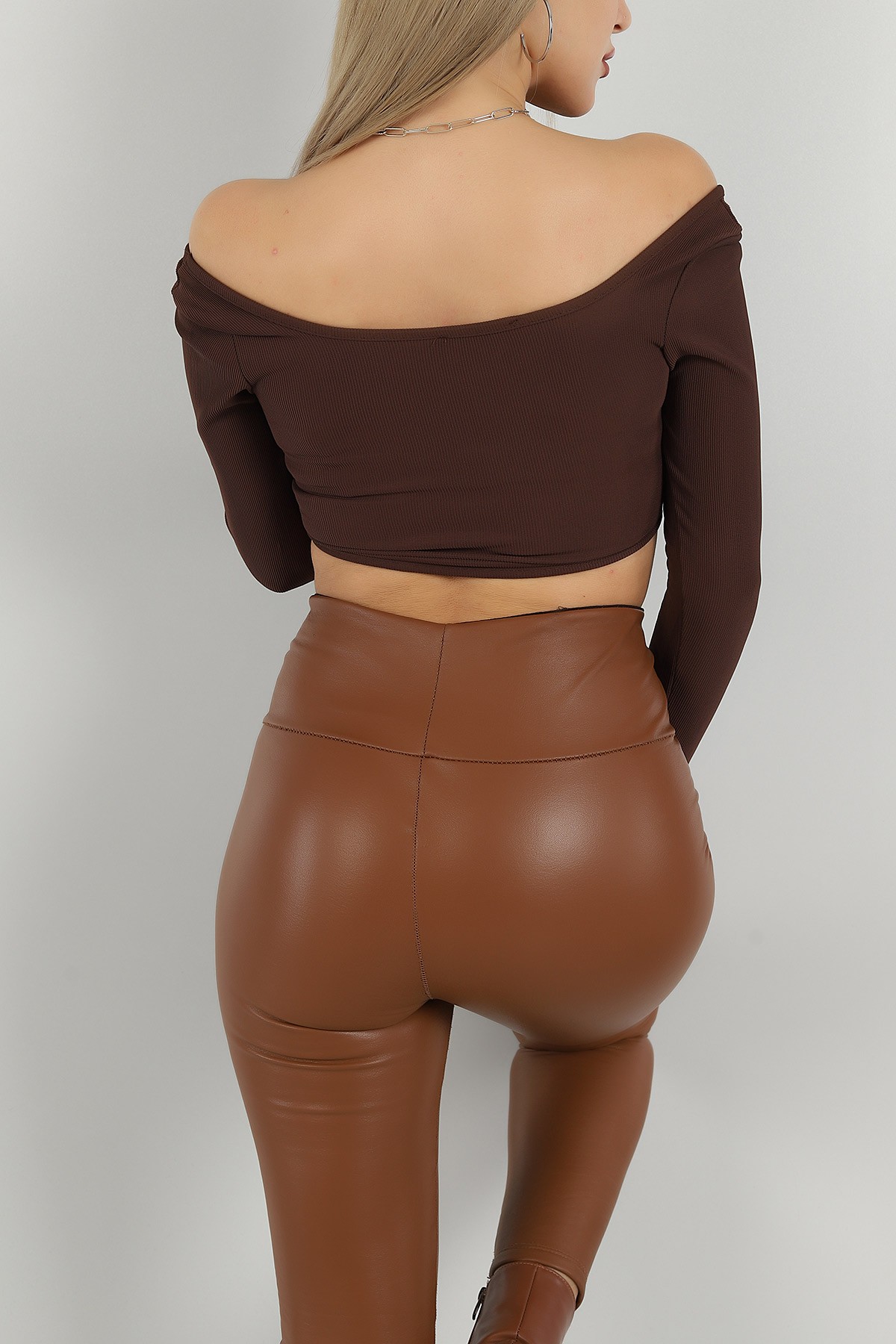 Kahverengi Ottaman Kumaş Crop Bluz 145219