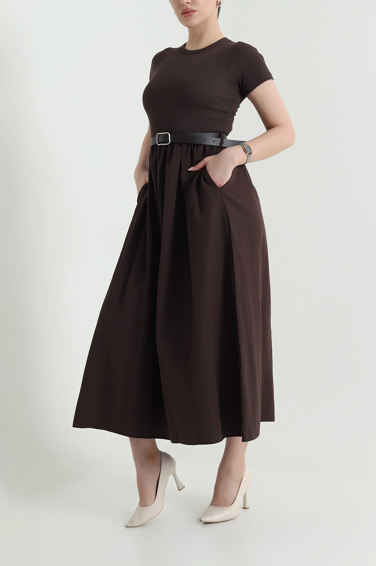 Kahverengi Ottoman Garnili Poplin Kadın Elbise 448301