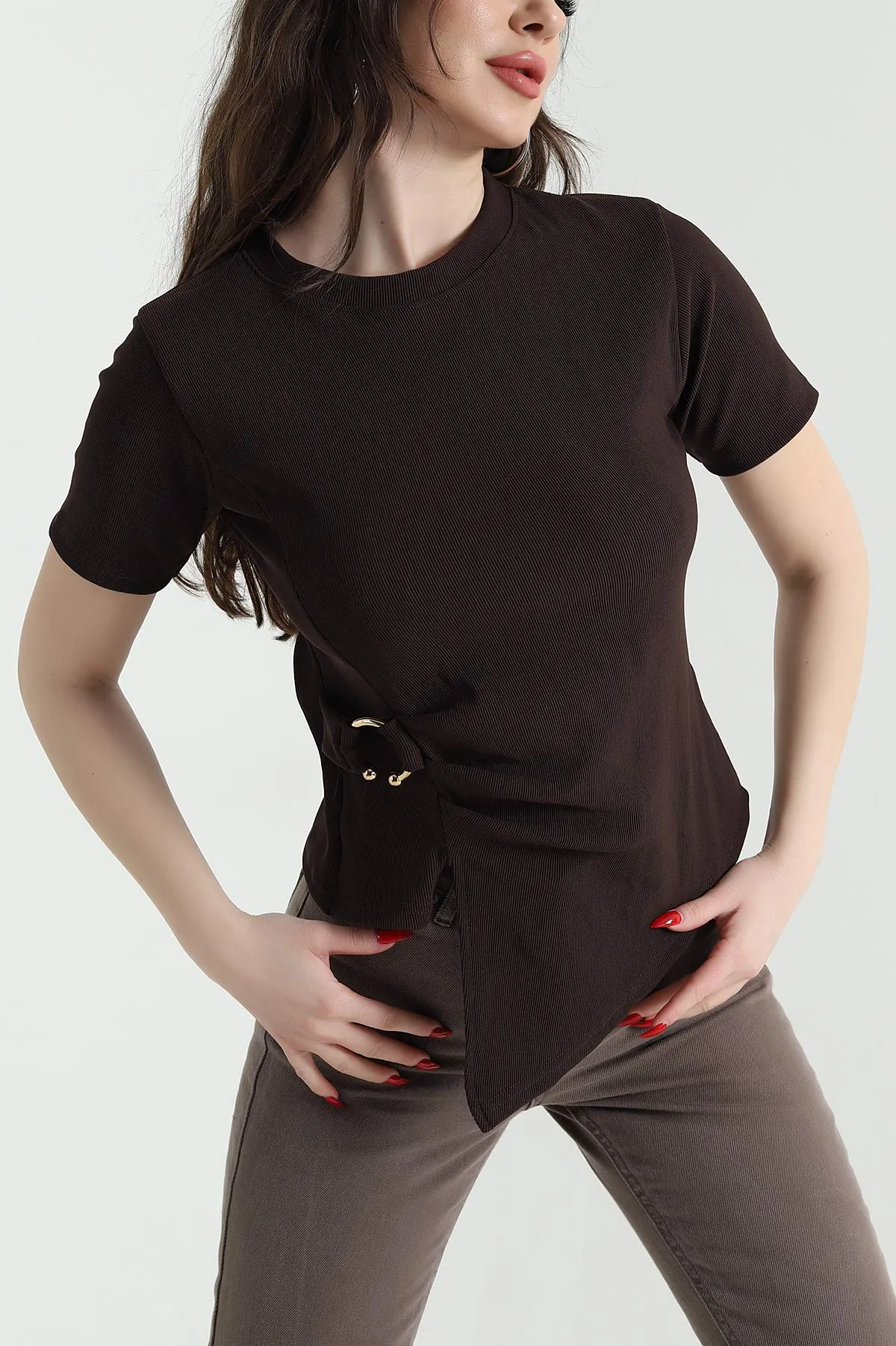 Kahverengi Ottoman Likralı Kadın Bluz 443148