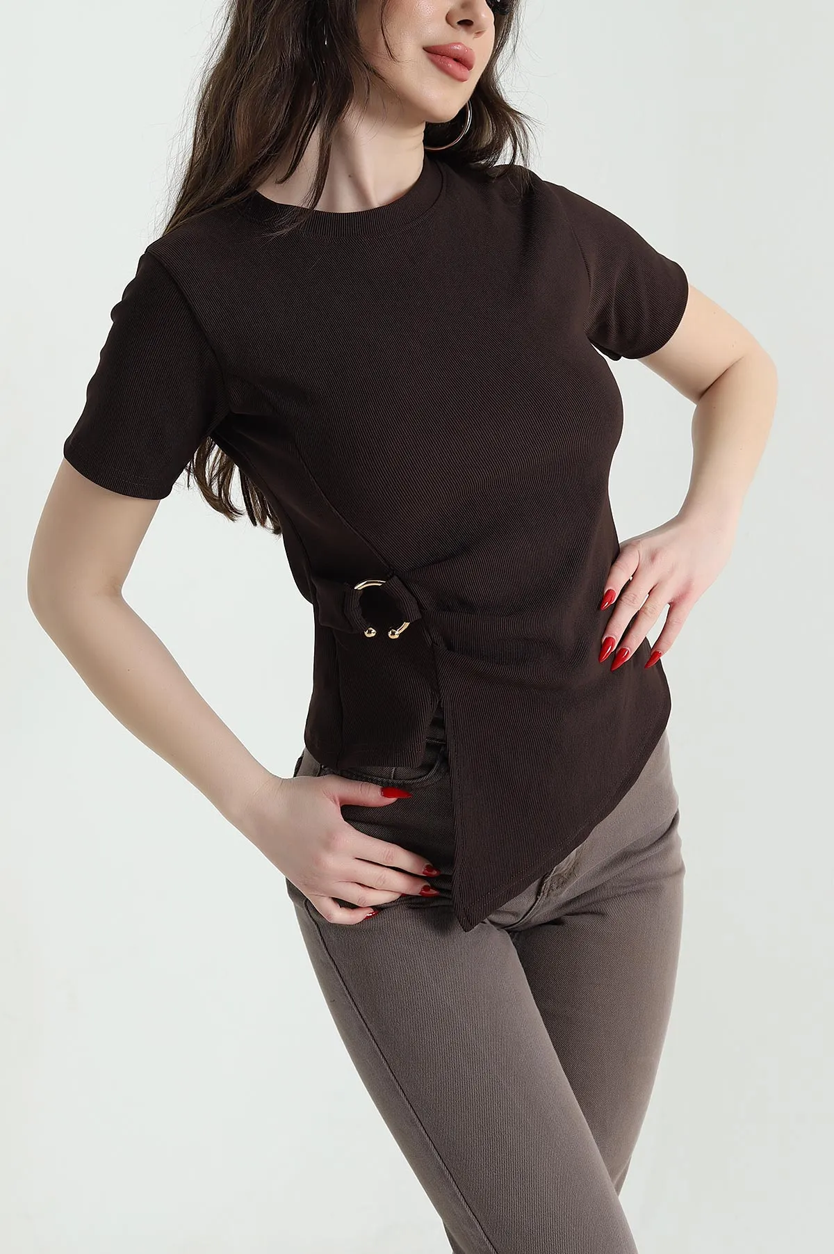 Kahverengi Ottoman Likralı Kadın Bluz 443148