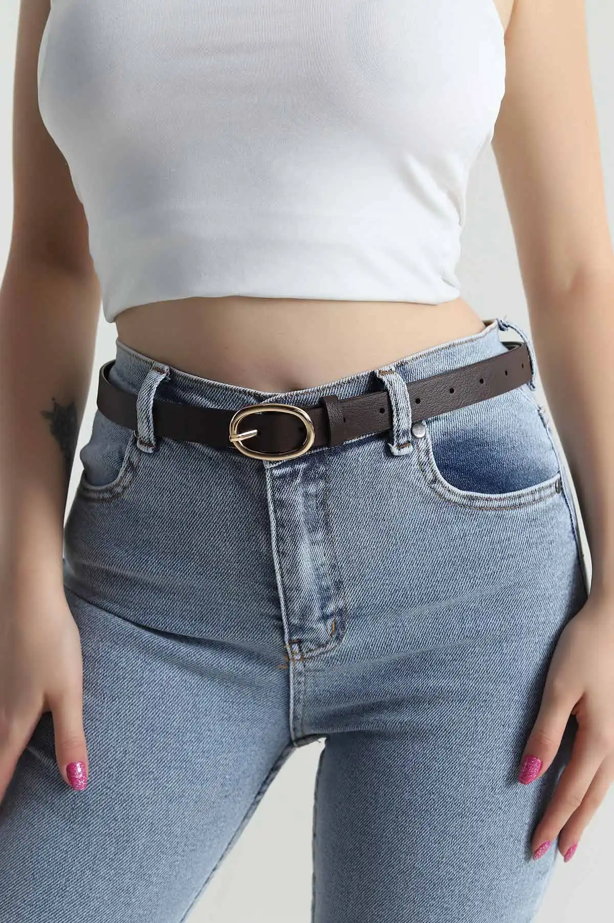 Kahverengi Oval Gold Tokalı Kadın Kemer 477144