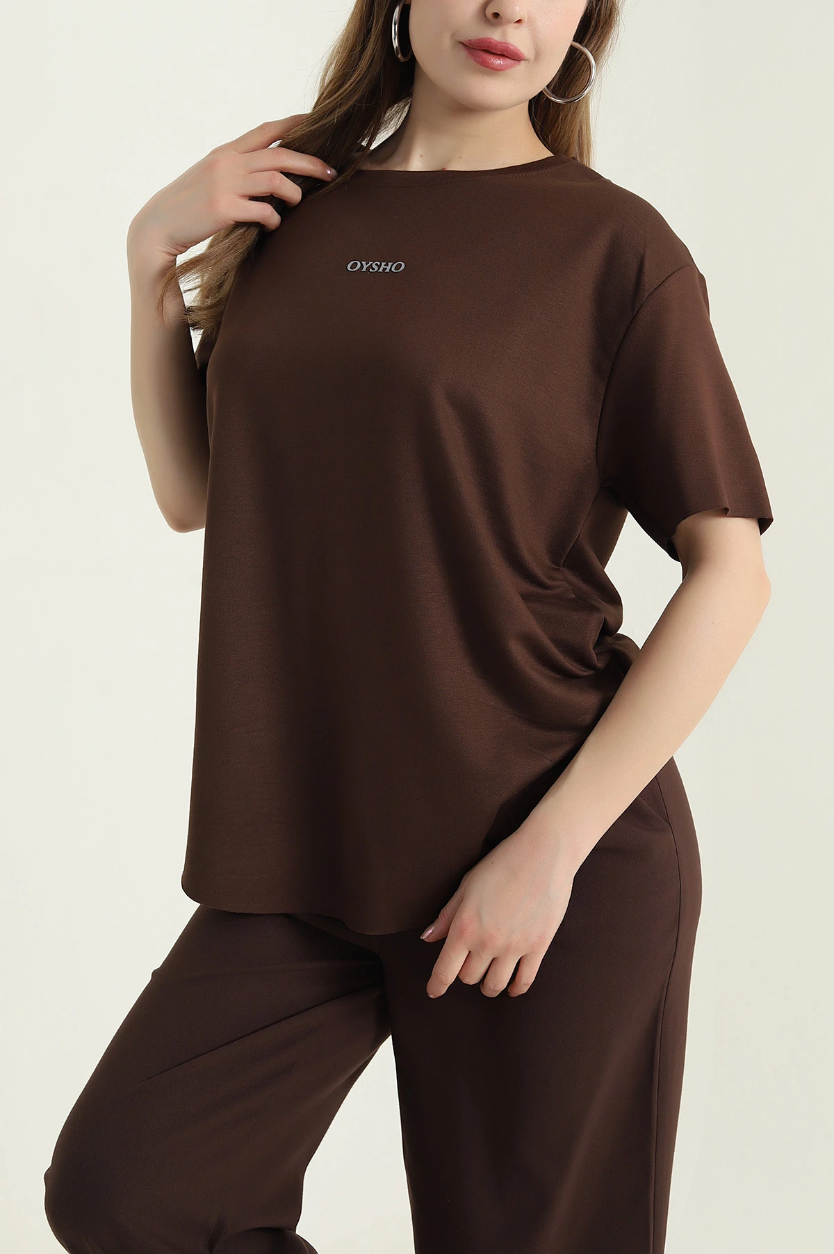 Kahverengi Oval Kesim Modal Kadın Tişört 433258