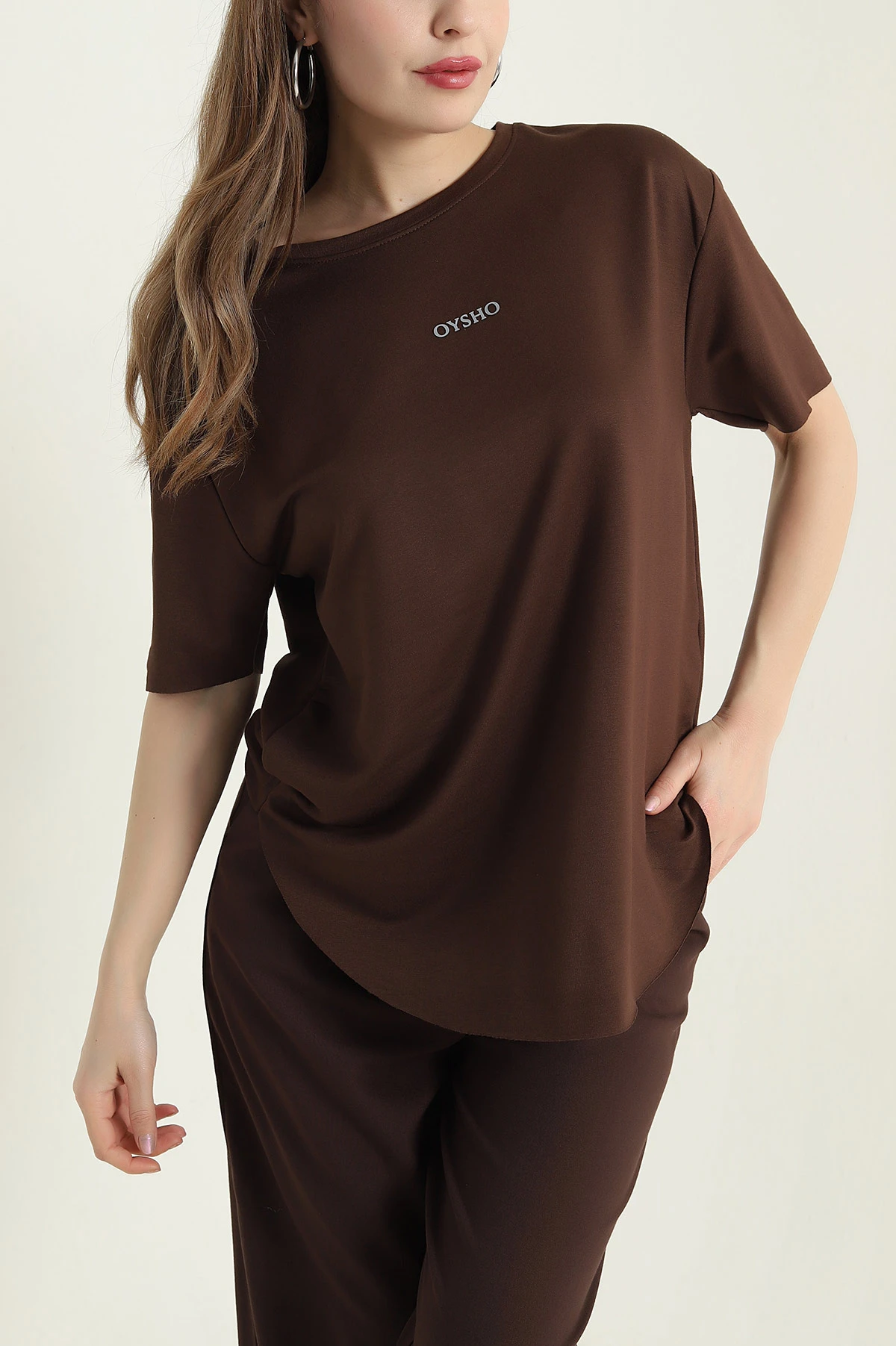 Kahverengi Oval Kesim Modal Kadın Tişört 433258