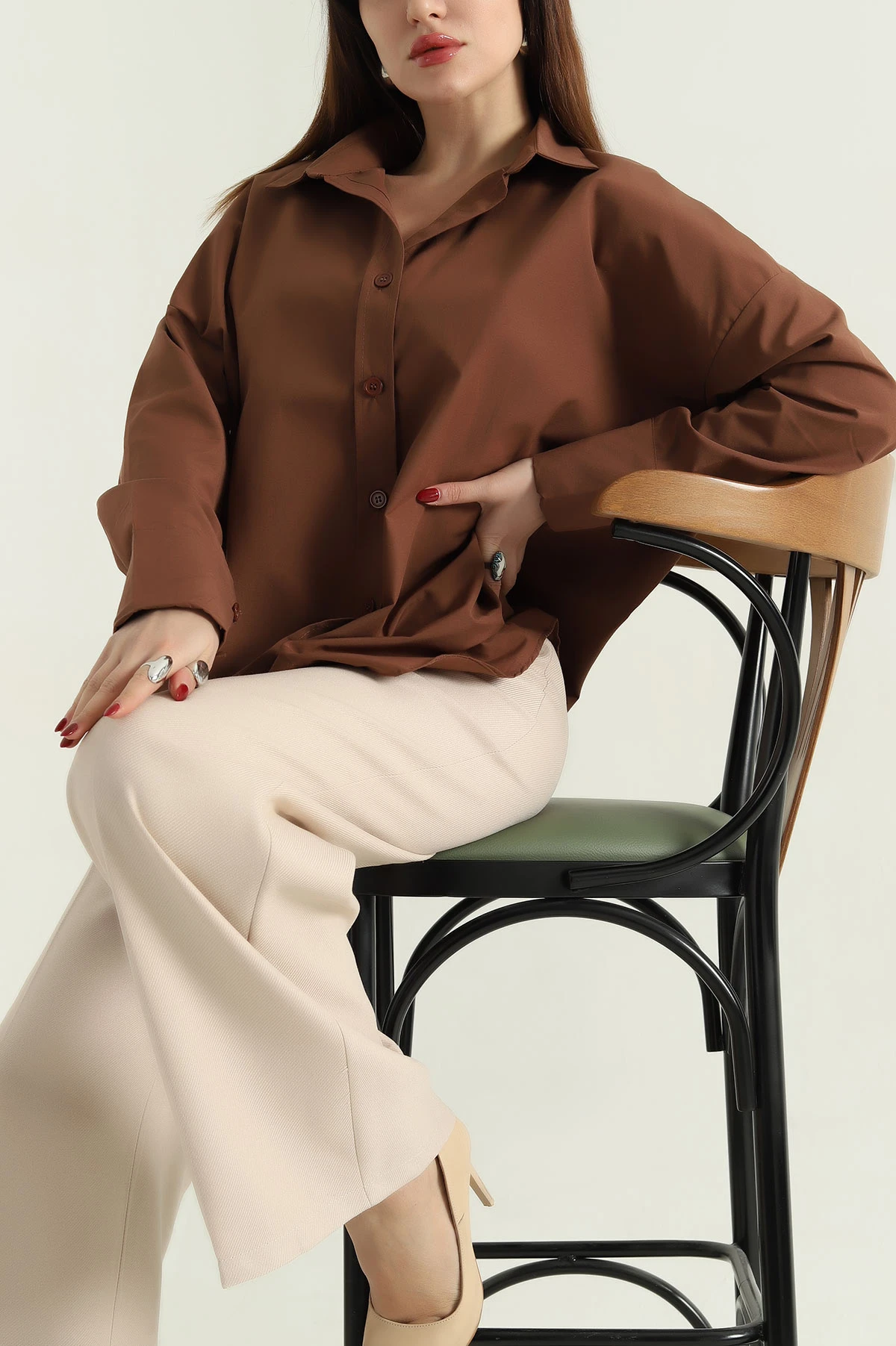 Kahverengi Oversize Bayan Poplin Gömlek 337009