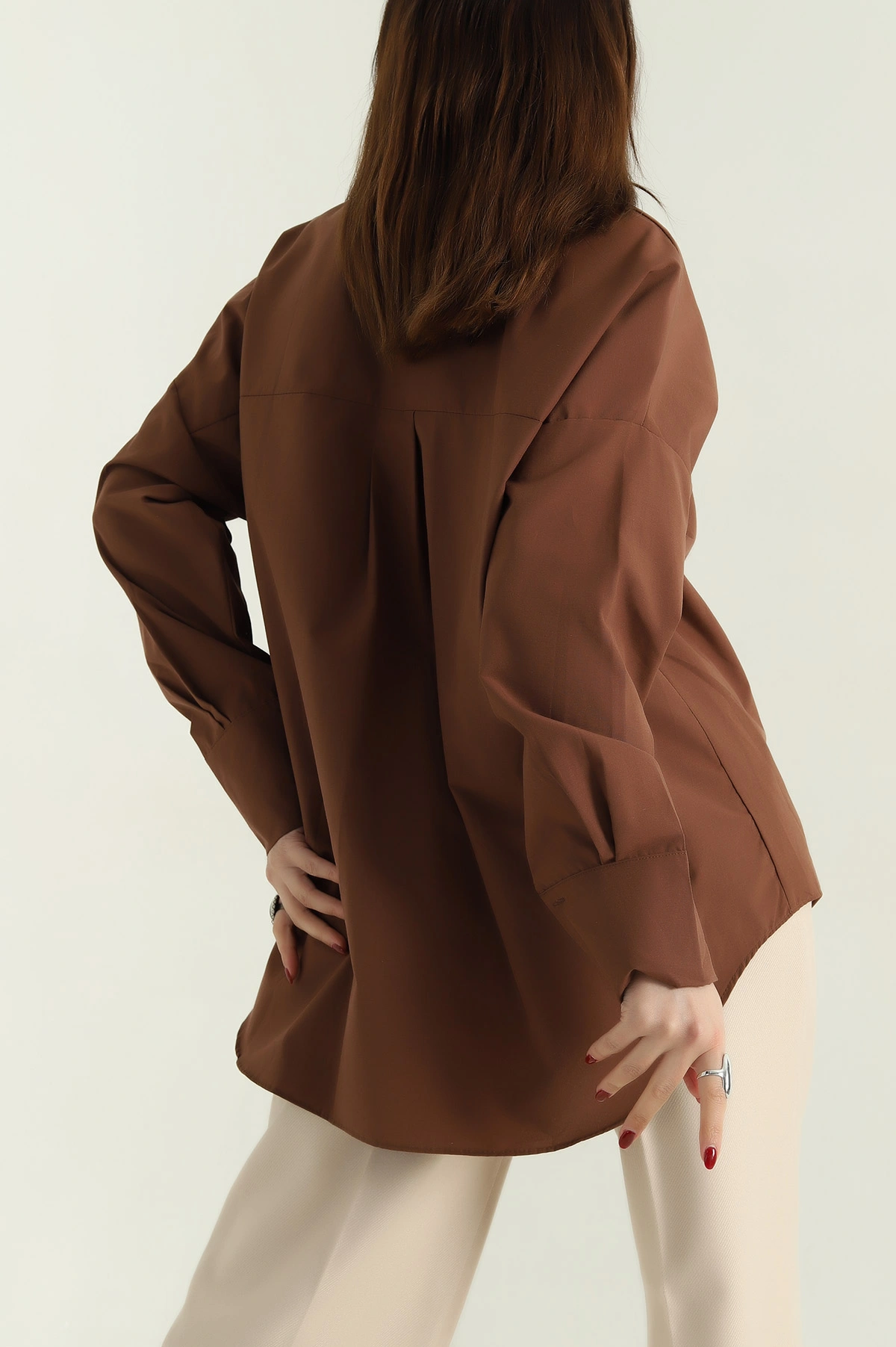 Kahverengi Oversize Bayan Poplin Gömlek 337009