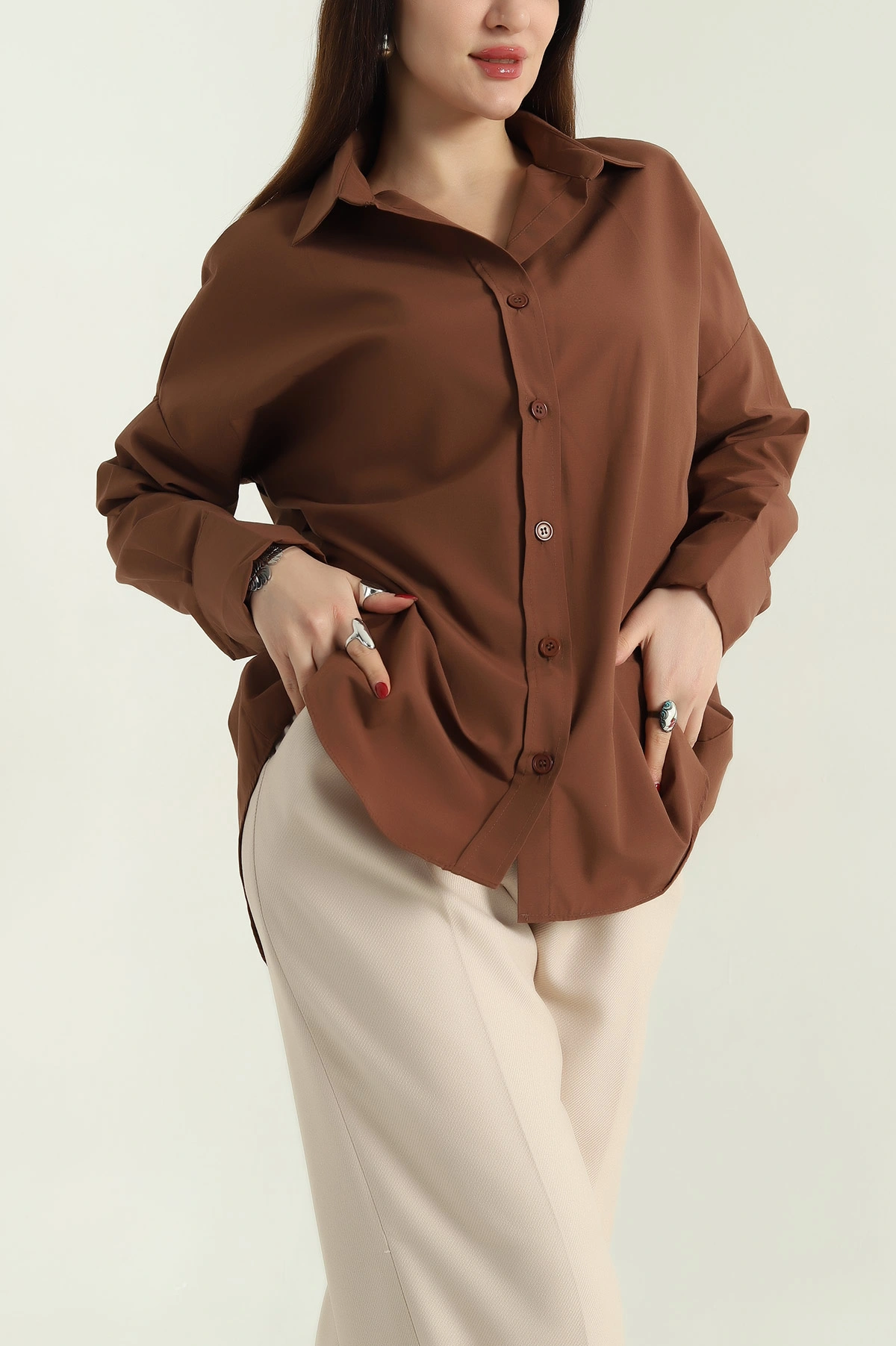 Kahverengi Oversize Bayan Poplin Gömlek 337009