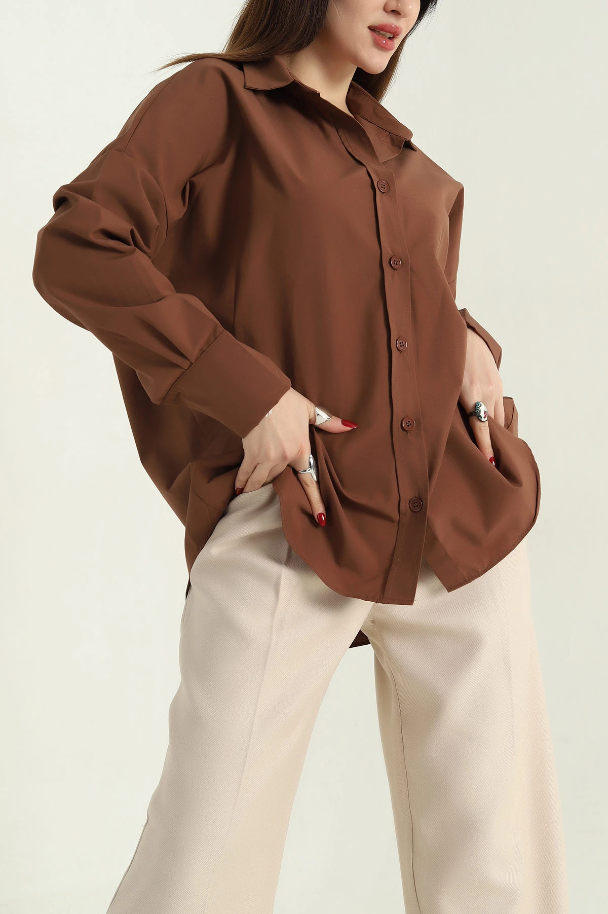 Kahverengi Oversize Bayan Poplin Gömlek 337009