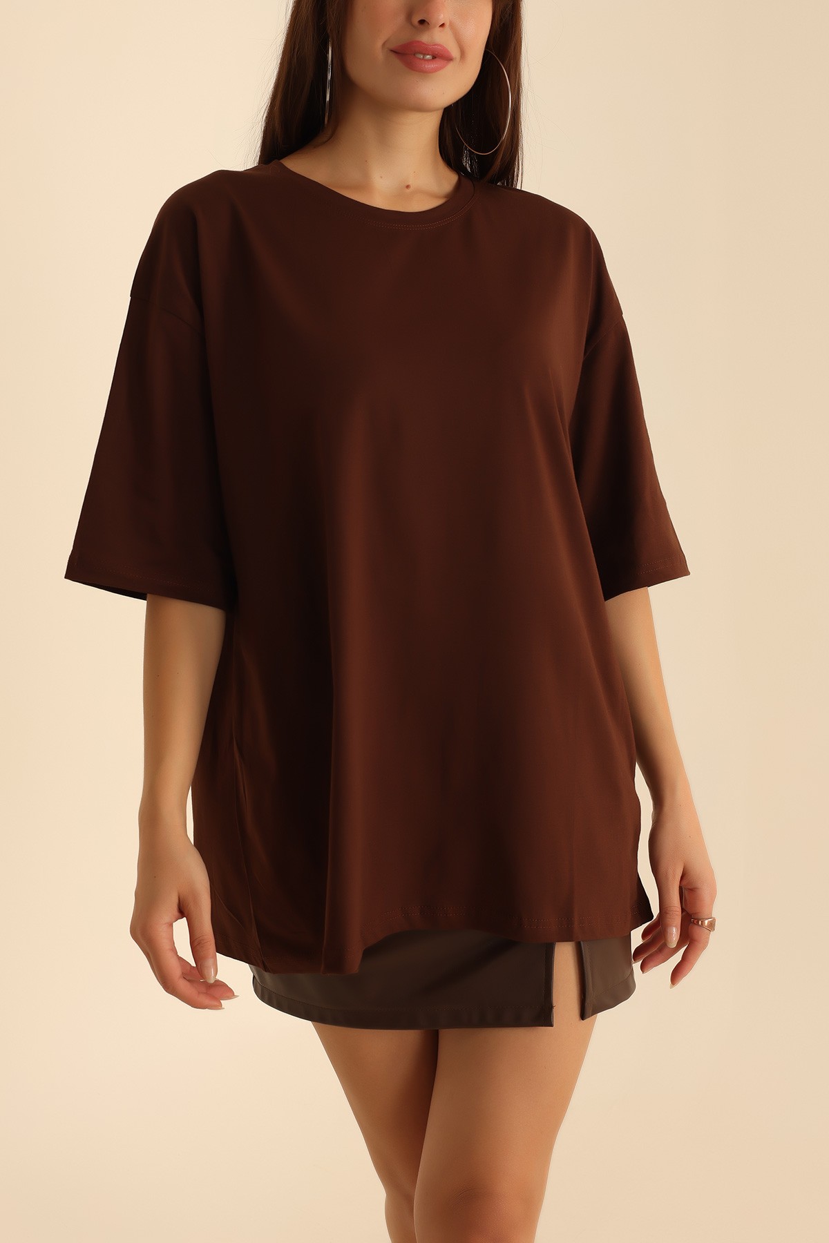 Kahverengi Oversize Bayan Tişört 199543