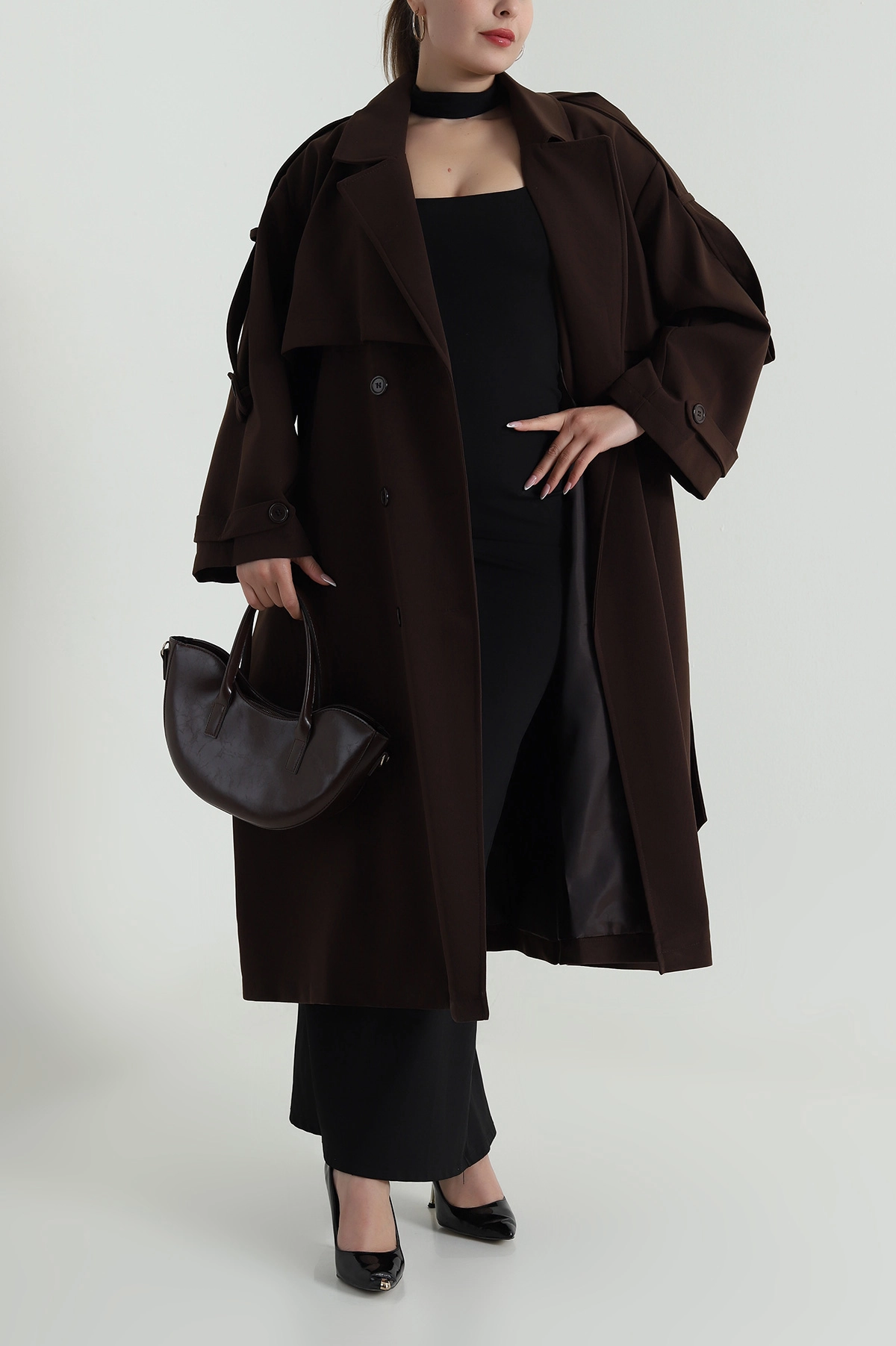 Kahverengi Oversize Bezayağı Kadın Trenç 485953