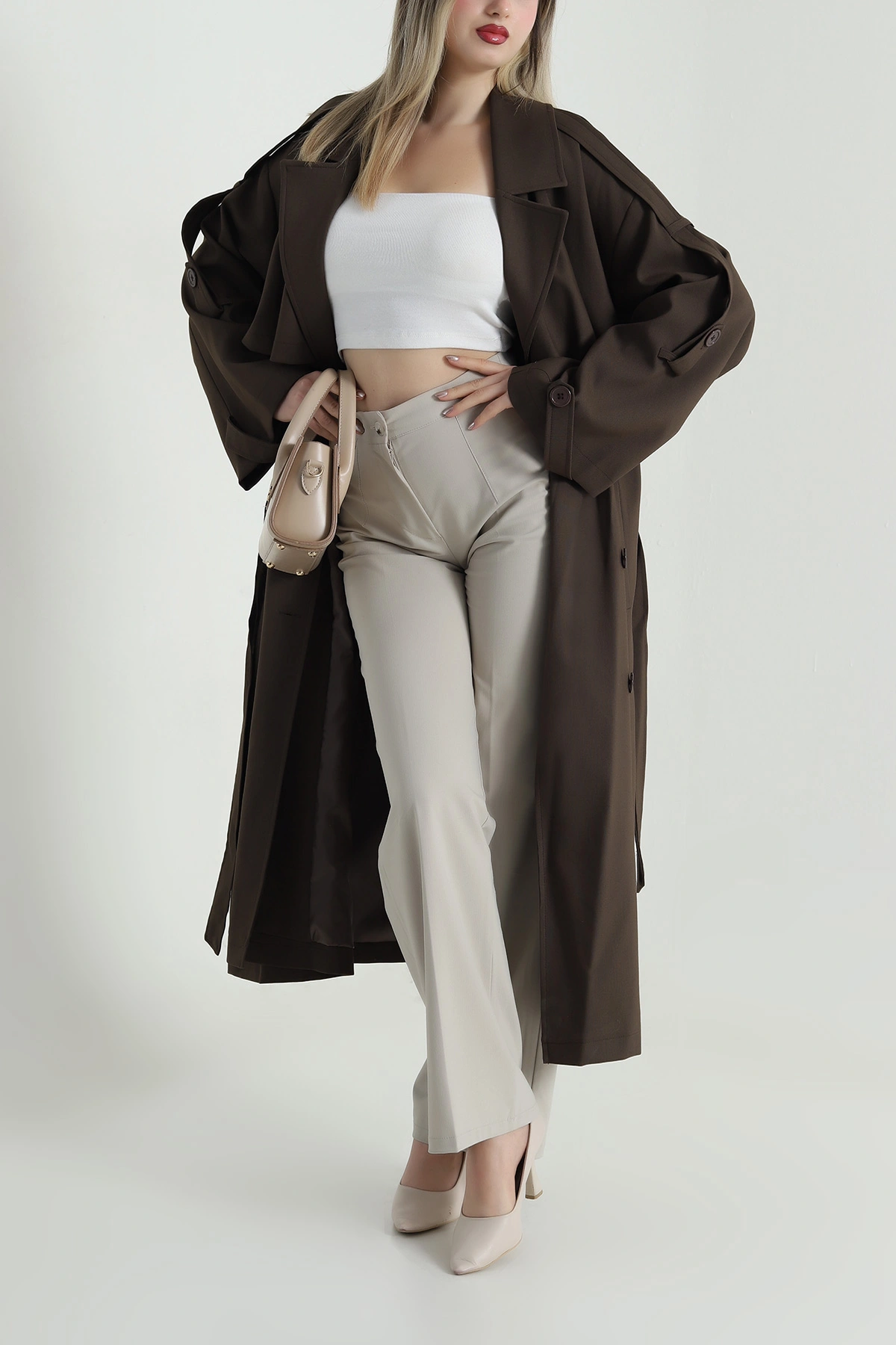 Kahverengi Oversize Bezayağı Kadın Trenç 488821