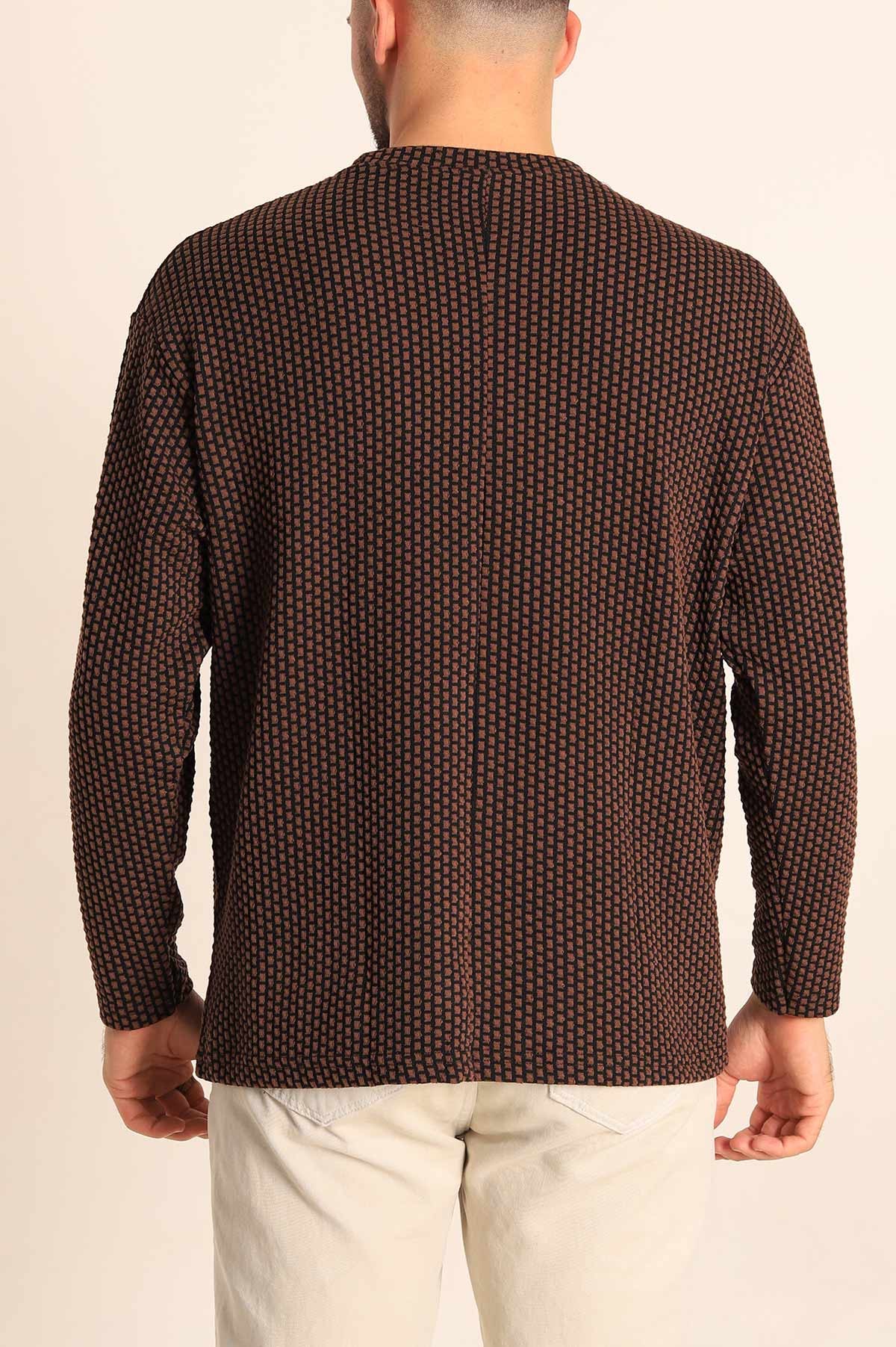 Kahverengi Oversize Bisiklet Yaka Dokulu Erkek Sweat 212707