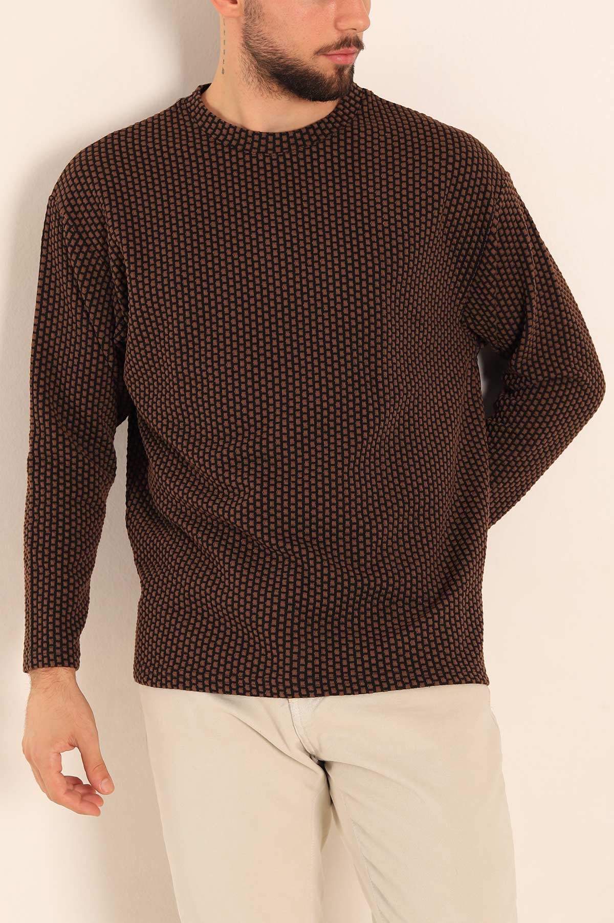 Kahverengi Oversize Bisiklet Yaka Dokulu Erkek Sweat 212707