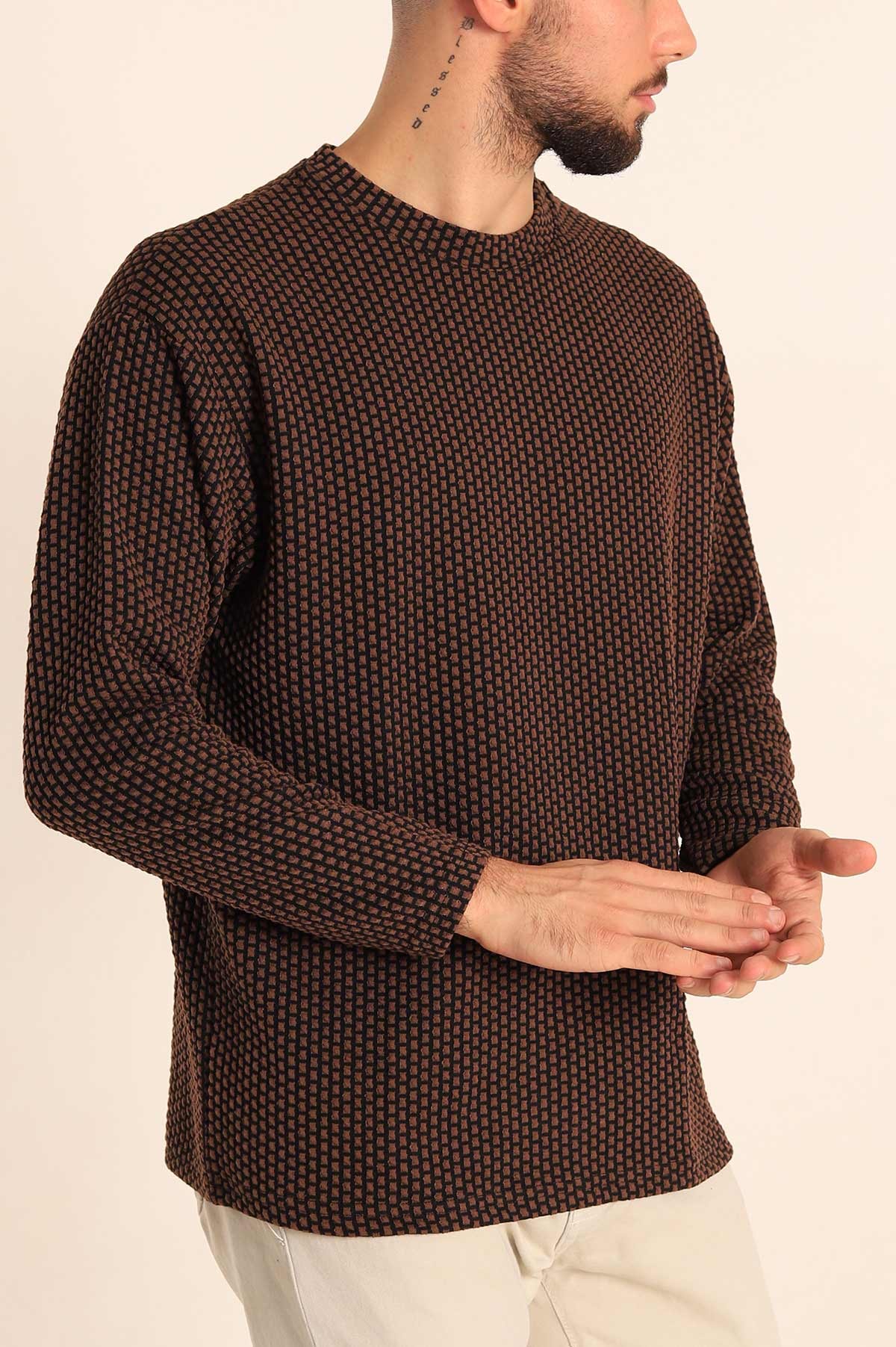 Kahverengi Oversize Bisiklet Yaka Dokulu Erkek Sweat 212707