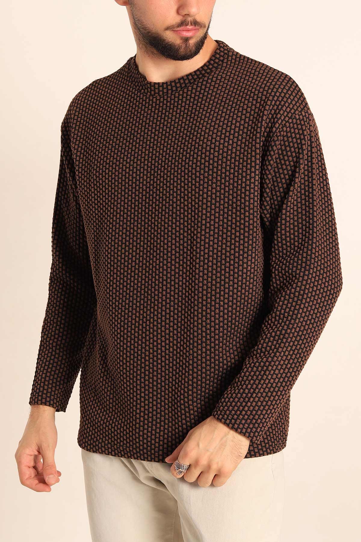 Kahverengi Oversize Bisiklet Yaka Dokulu Erkek Sweat 212707