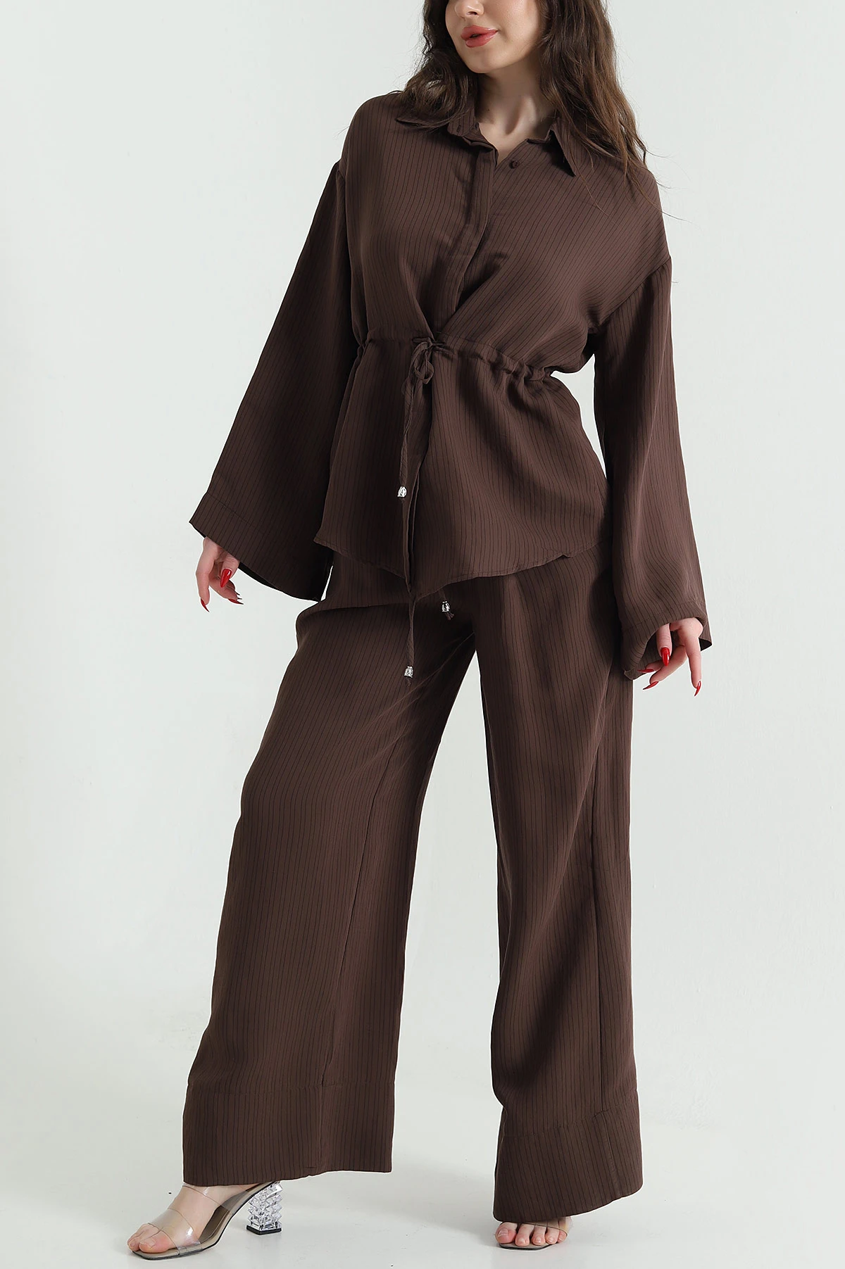 Kahverengi Oversize Çizgili Kadın İkili Takım 444294