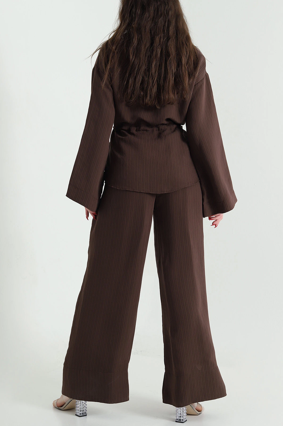 Kahverengi Oversize Çizgili Kadın İkili Takım 444294
