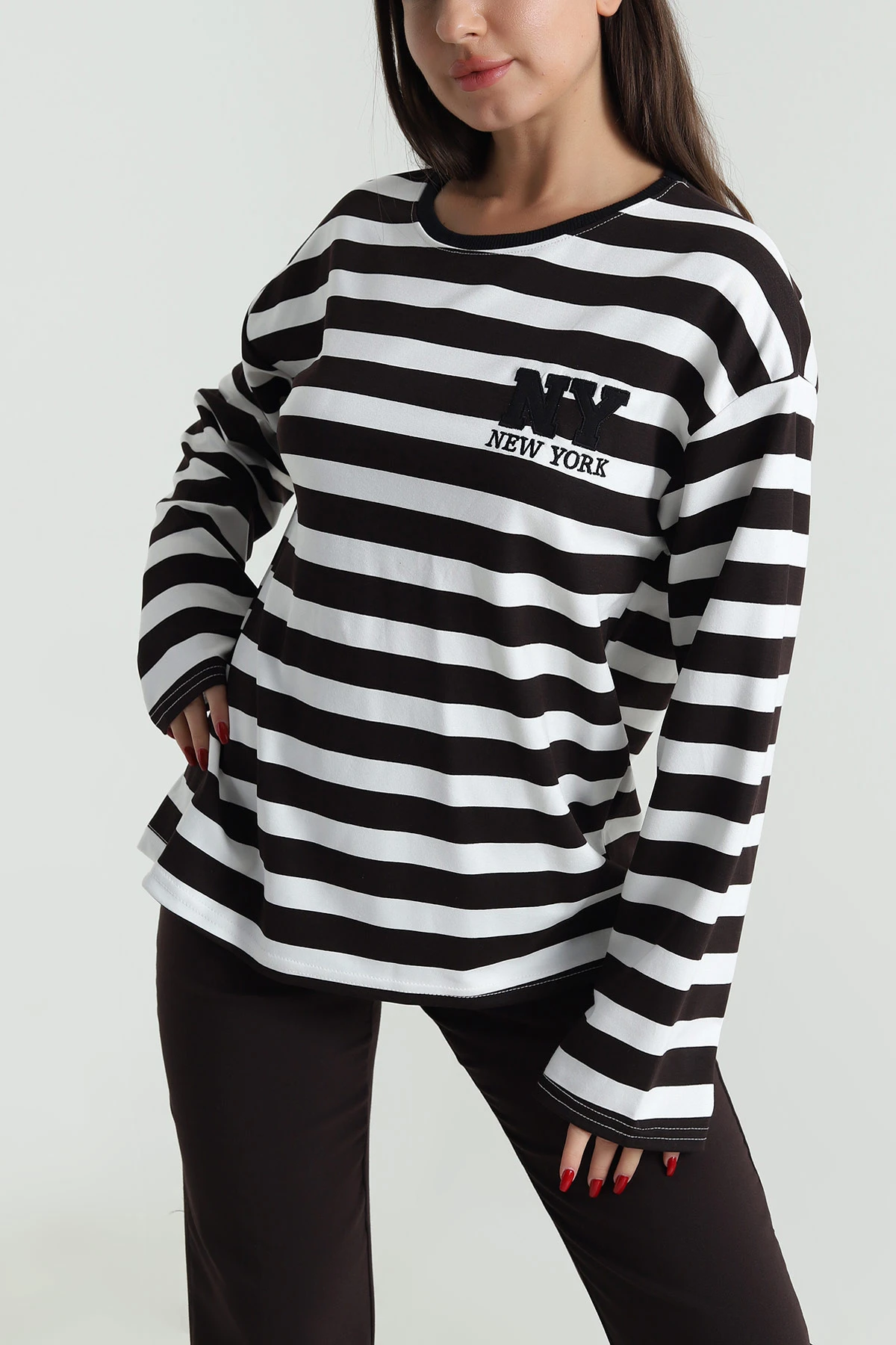 Kahverengi Oversize Çizgili Nakışlı Oysho Kadın Sweat 492882