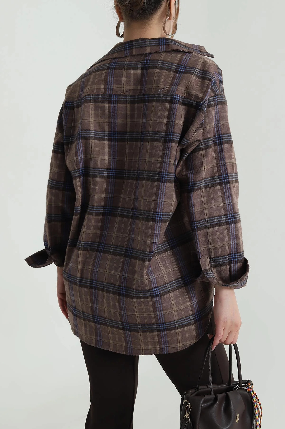 Kahverengi Oversize Ekose Kadın Gömlek 485545