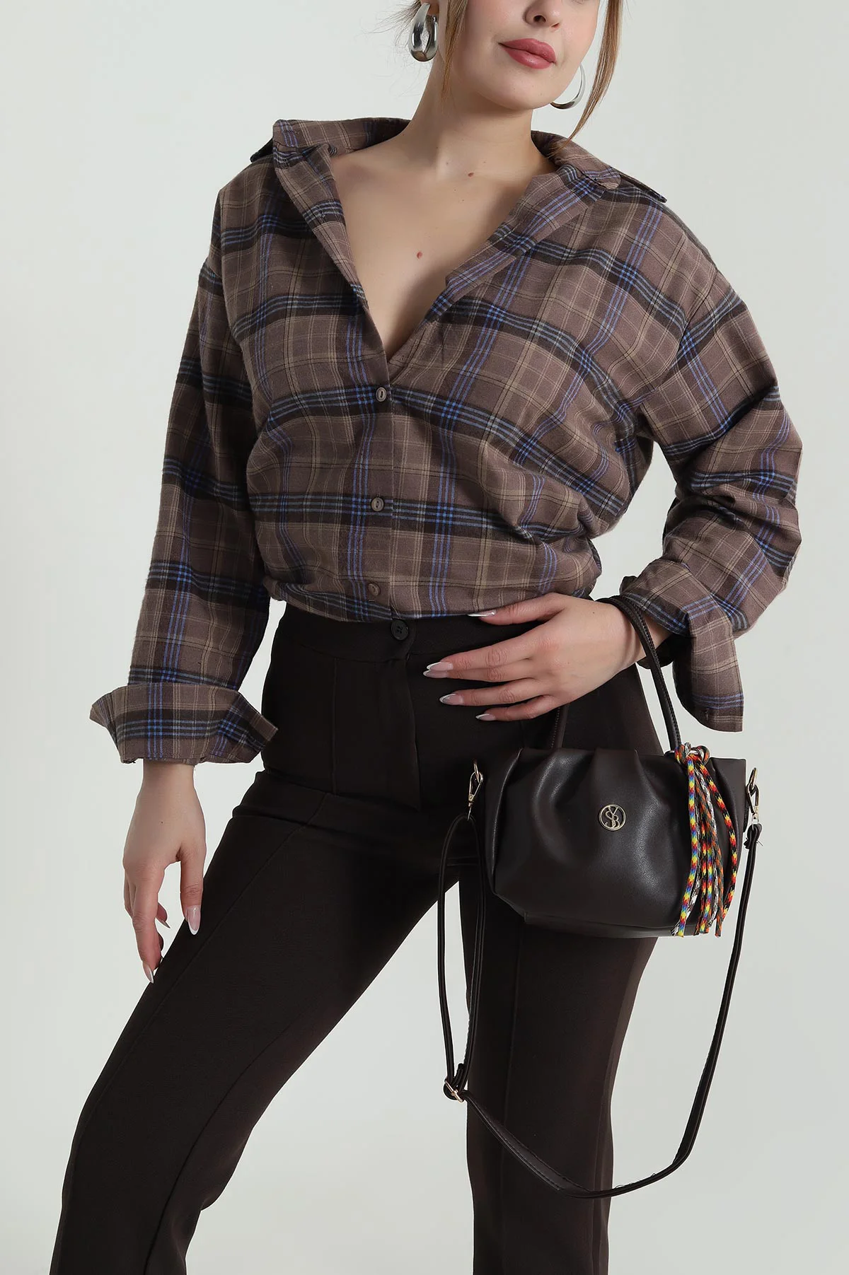 Kahverengi Oversize Ekose Kadın Gömlek 485545