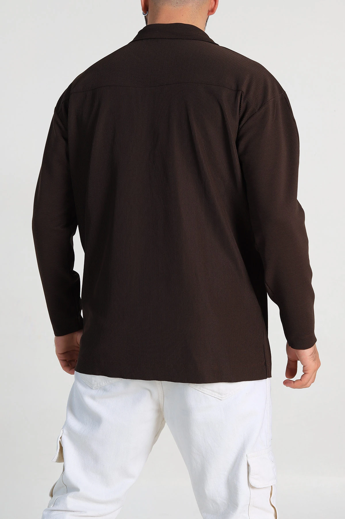 Kahverengi Oversize Fitilli Doku Fermuarlı Polo Yaka Sweatshirt 324398