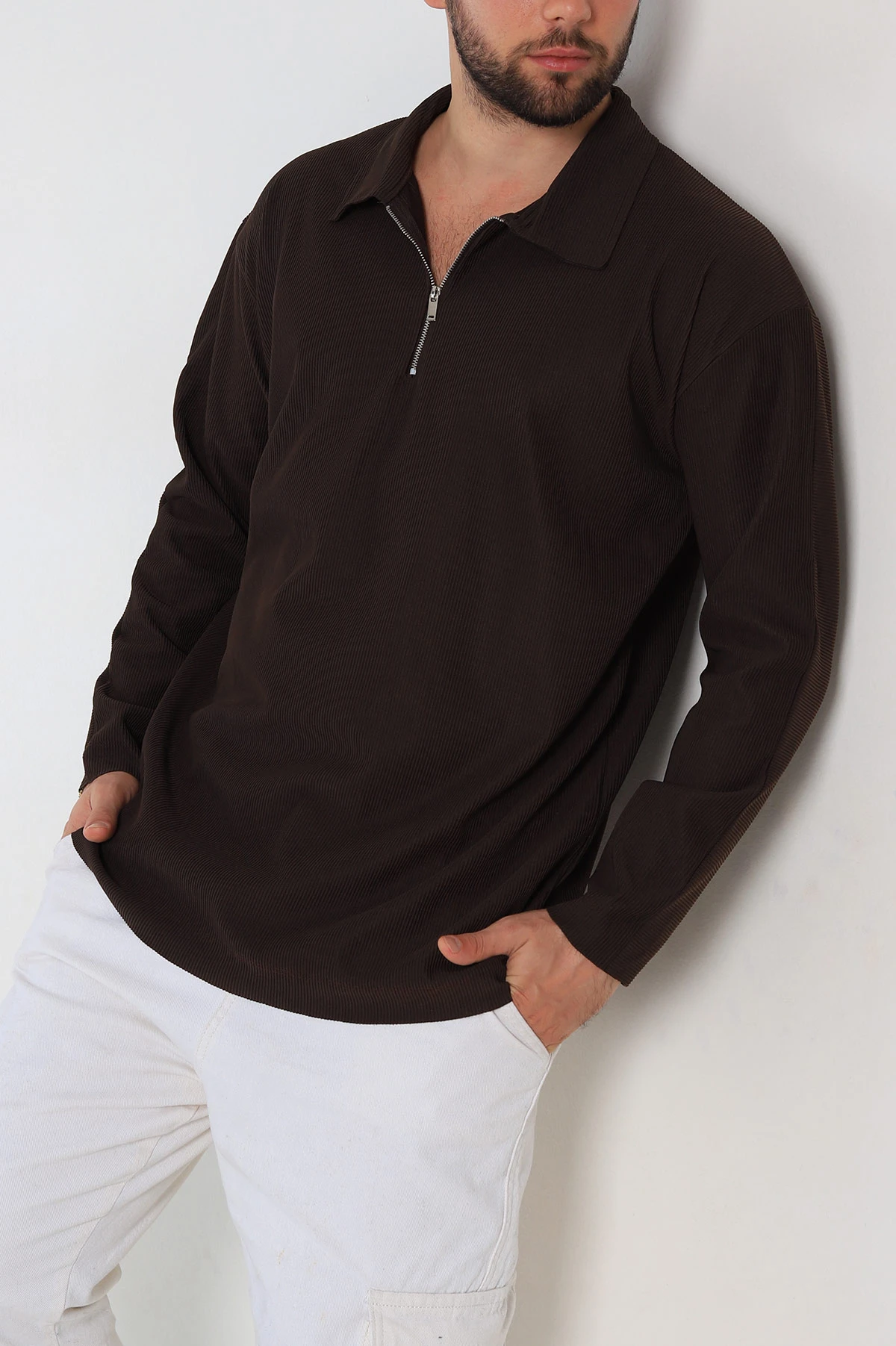 Kahverengi Oversize Fitilli Doku Fermuarlı Polo Yaka Sweatshirt 324398