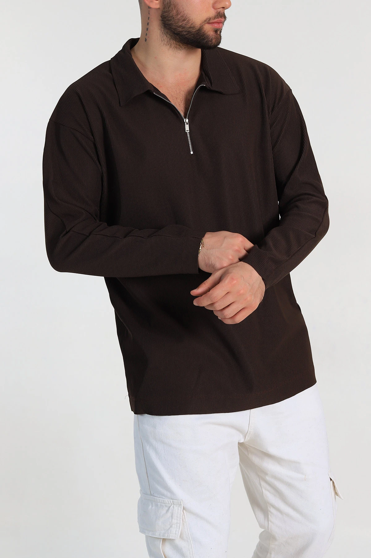 Kahverengi Oversize Fitilli Doku Fermuarlı Polo Yaka Sweatshirt 324398