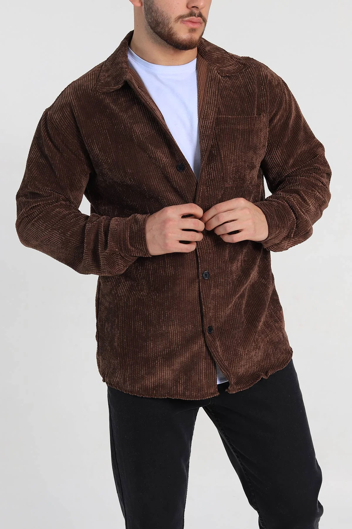 Kahverengi Oversize Fitilli Kadife Cep Detaylı Erkek Gömlek 318410